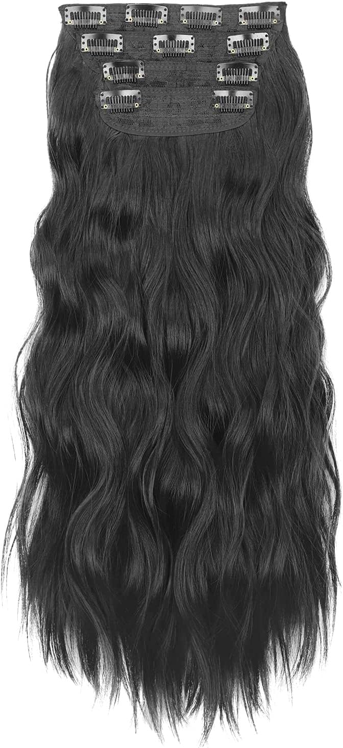 Women's Hair Extension 22 Inch Natural Look Synthetic Wavy Black Hair 4 Pieces with 11 Clip Wig Cheap Fluffy & Not Tangled Women and Girls (1B Wave)