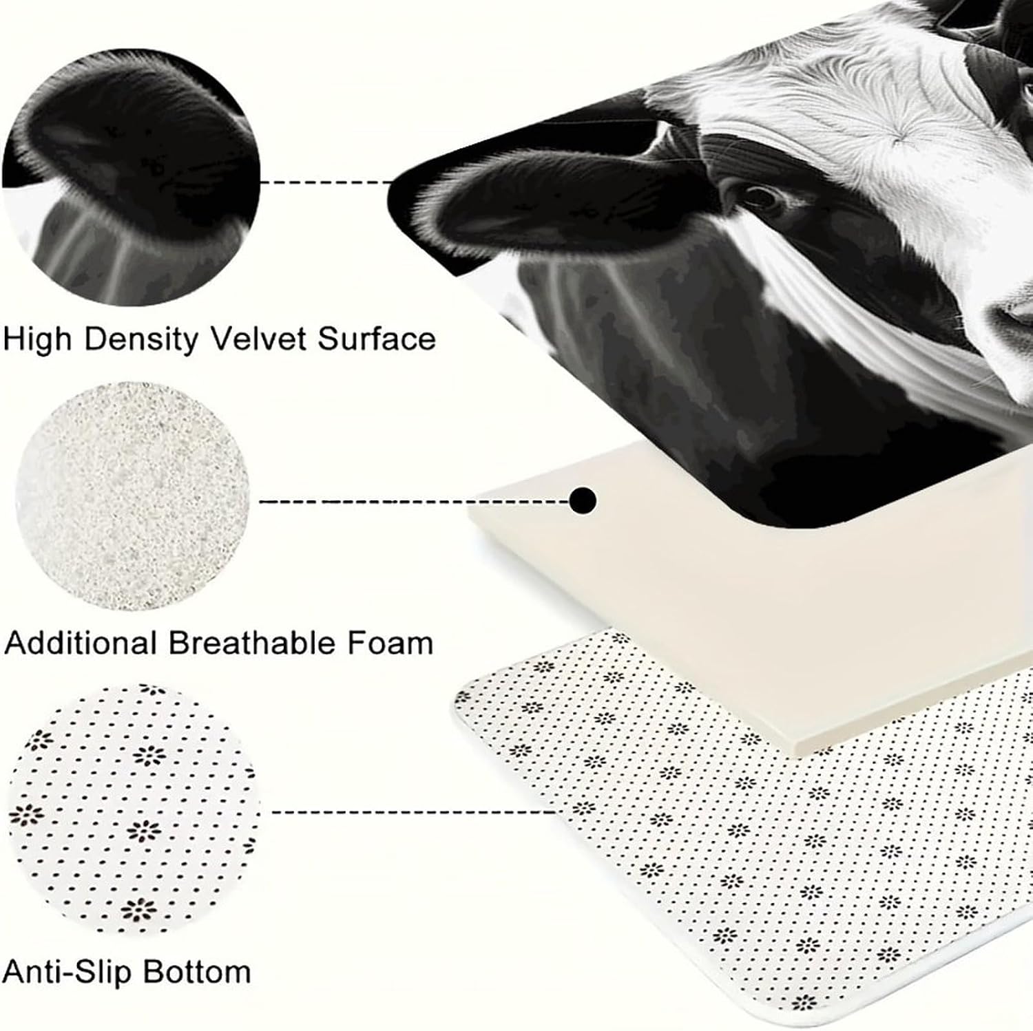 Animal Funny Cow Head Black White Kitchen Mats for Floor 3 Pcs Kitchen Rugs