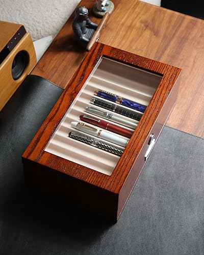 Miniatura 3 de vitrina de madera de la pluma 24 ranura pluma fuente caja organizador de almacenamiento con cajón, ventana superior ventana pluma colección vitrina