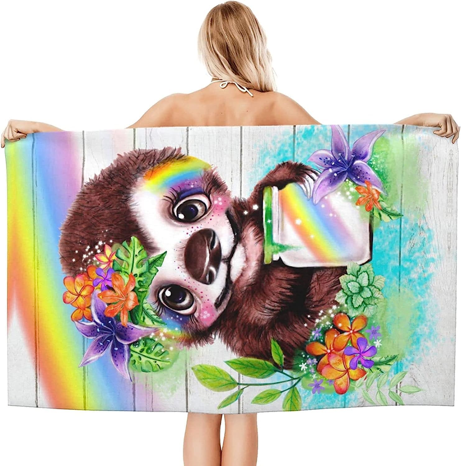 Serviette De Plage Paresseux Arc-en-Ciel Serviette De Bain Enfant Adulte Drap De Plage Doux Microfibre Absorbant Idéal pour Voyage Plage Piscine Sport Drap De Plage 150 X 200 Cm -7W3G-V3R