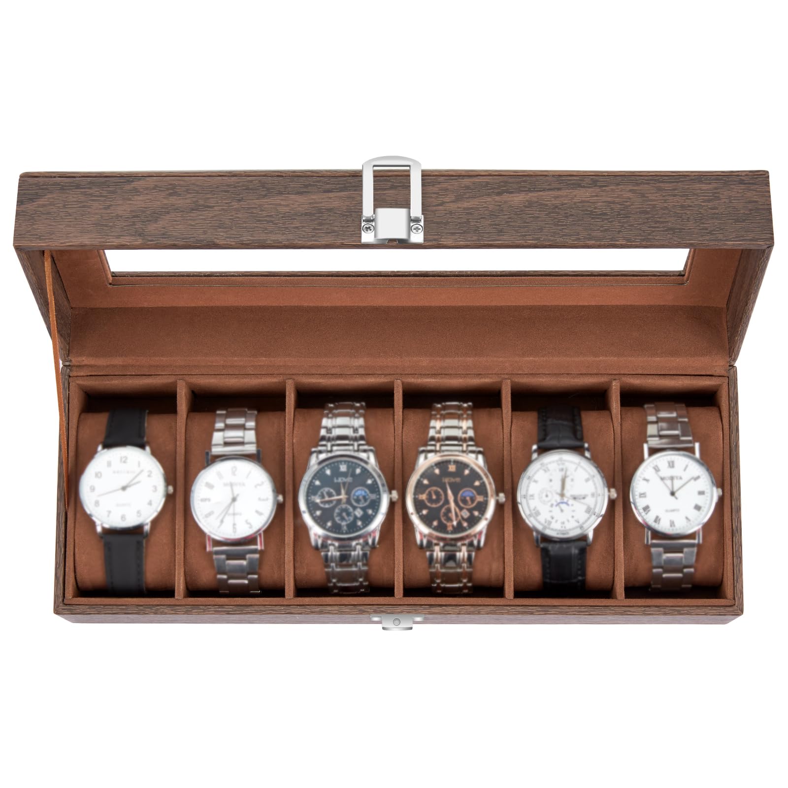 Ohuhu Caja Relojes con 6 Compartimentos, Caja para Relojes con Tapa de Cristal y Cojín Extraíble,Regalo para Cumpleaños Día del Padre Navidad