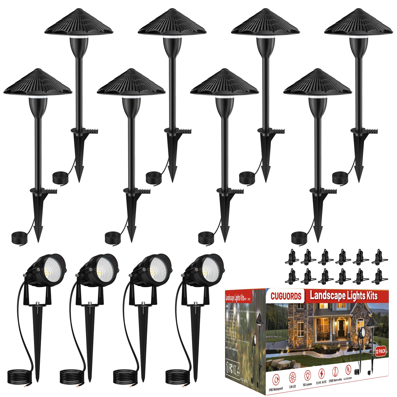 LED Landscape Lighting Kit,LED Low Voltage Pathway Lights,AC/DC 12-24V UL Listed Cord Waterproof,Outdoor Wired Landscape Light Sets,Outdoor Path Lights for Walkway Yard Garden (12 Pack)