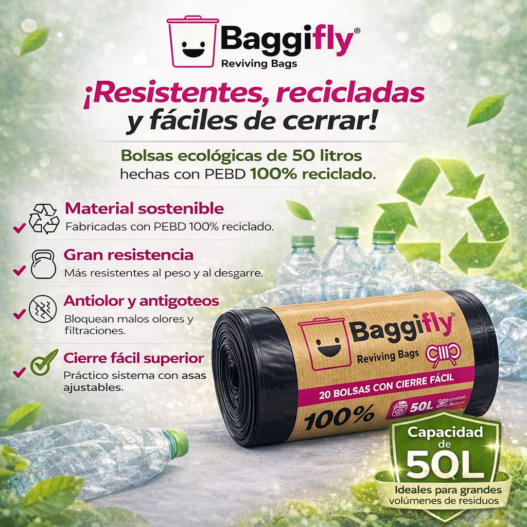 Baggifly, Bolsas de Basura 50L, 100 Bolsas Súper Resistentes, 100% Recicladas, Cierra Fácil, ECO Friendly, Hogar, Oficinas y Hostelería, Pack 5 x 20, Fabricado en España