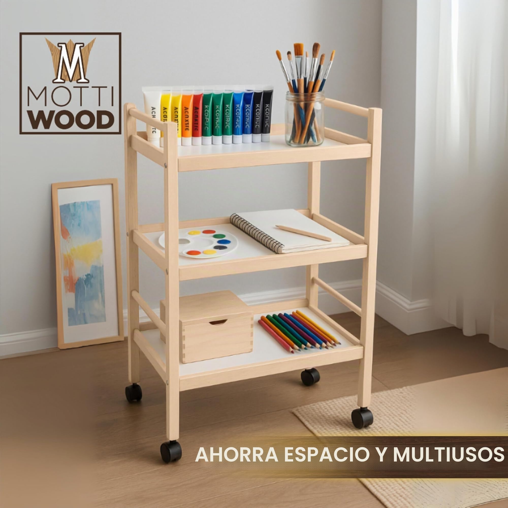Carrito Multiuso, Estanterias Almacenaje, 3 Estantes, 100% Madera Haya, 28 x 40 x 64,5 cm, con ruedas