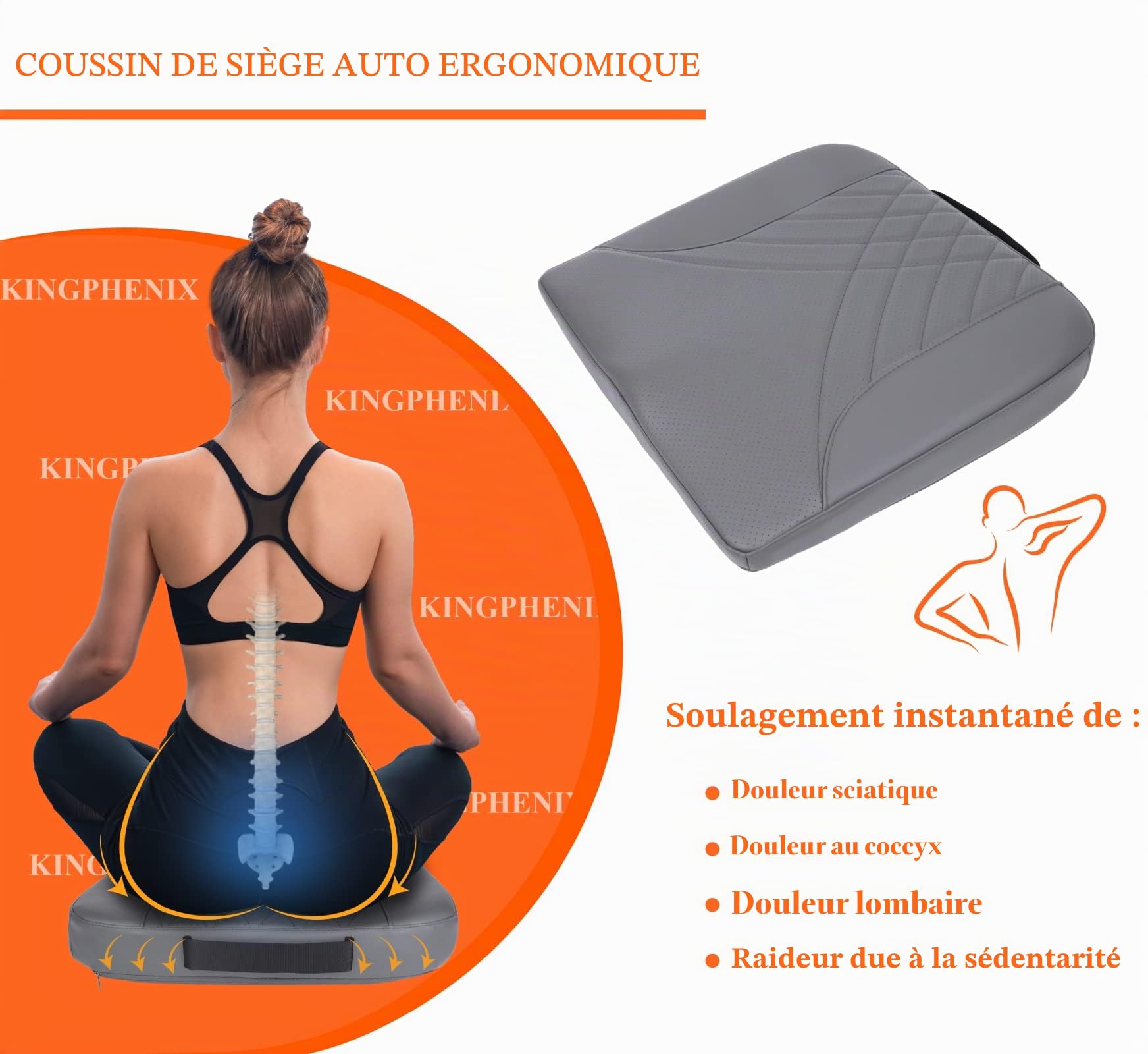kingphenix Coussin de siège de voiture de qualité supérieure en mousse à mémoire de forme pour améliorer la vue de la conduite - Soulage les douleurs du coccyx et du bas du dos - Coussin de siège pour