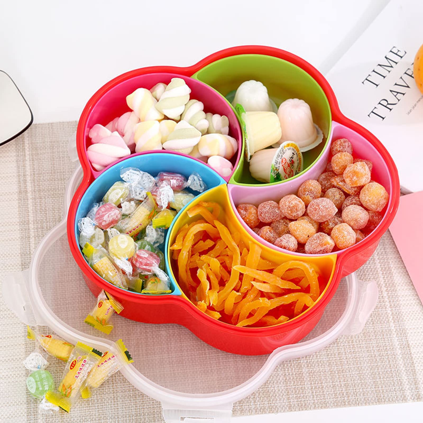 Contenitore Forma di Fiore per Snack Vassoio da Portata A Forma di Fiore con Coperchio Contenitore per Alimenti In Plastica Scomparti Rimovibili con Copertura In Plastica 5 Celle Vassoio Snack