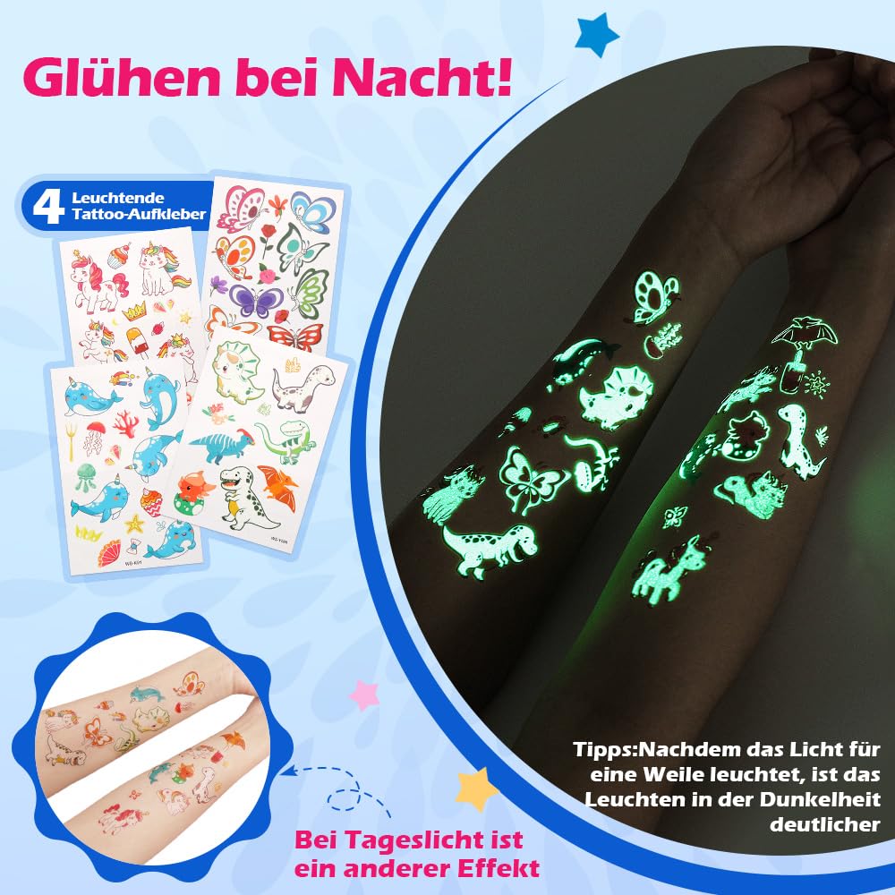 Bledras Glitzer Tattoo Set Kinder, 42 Farben Temporary Glitter Tattoos, 210 Schablonen, 370 Strasssteine, 5 Pinsel, 3 Kleber, Glitter Make Up Kit for Birthday Party Ostergeschenk