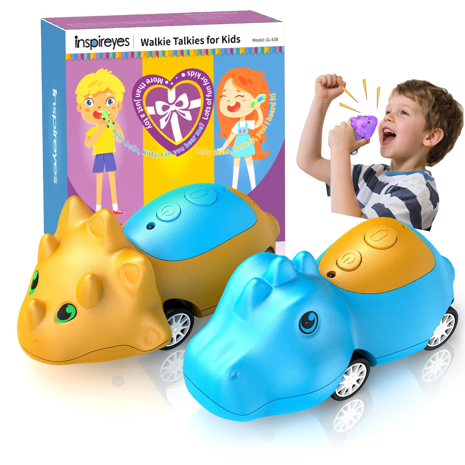Inspireyes Walkie Talkies for Kids Rechargeable Dino Toy Cars 48H Playtime