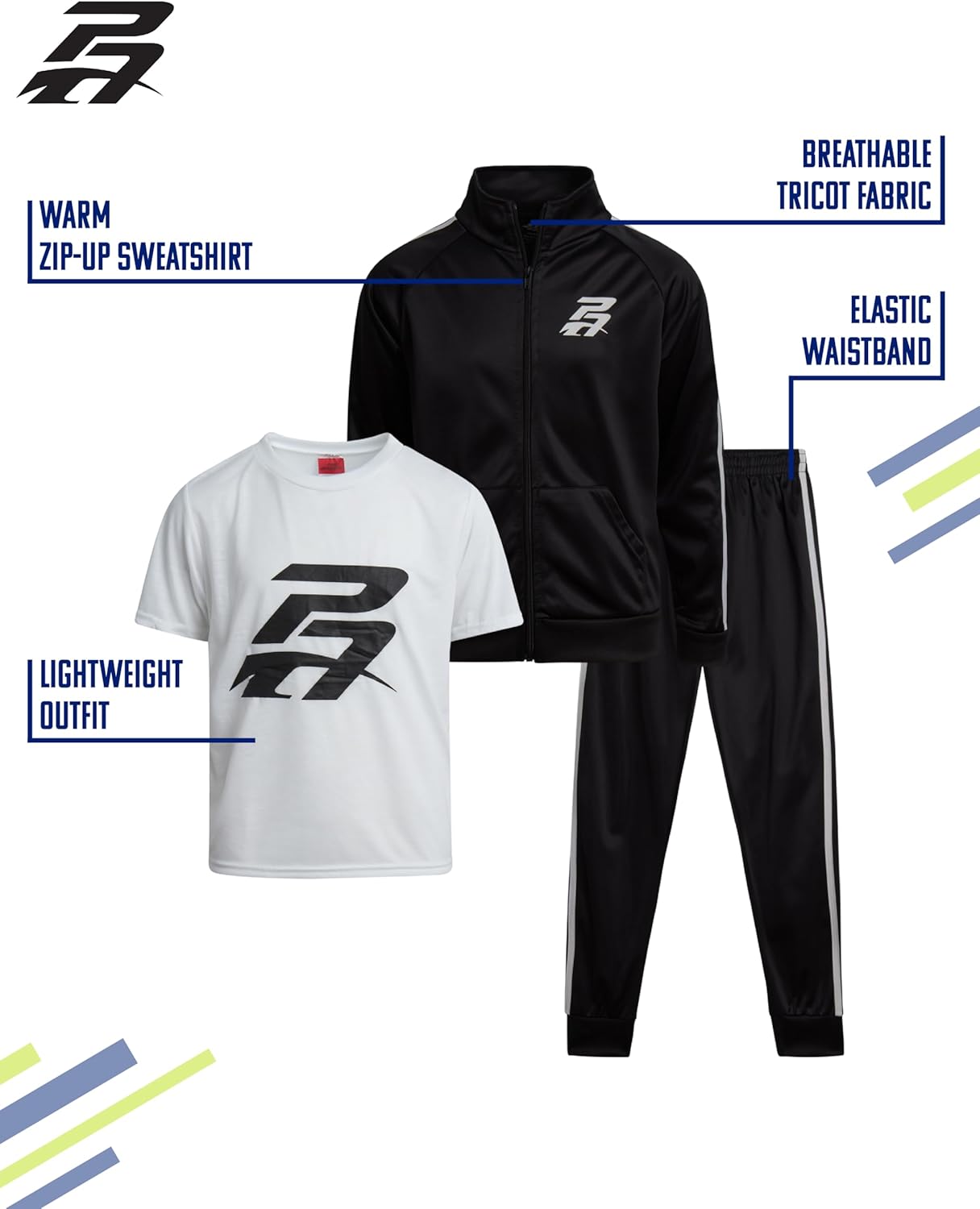 Pro Athlete Boys Tracksuit Set - 3 Piece Breathable Tricot Zip Up Sweatshirt Athletic Graphic Tees & Jogger Sweatpants - Image 2