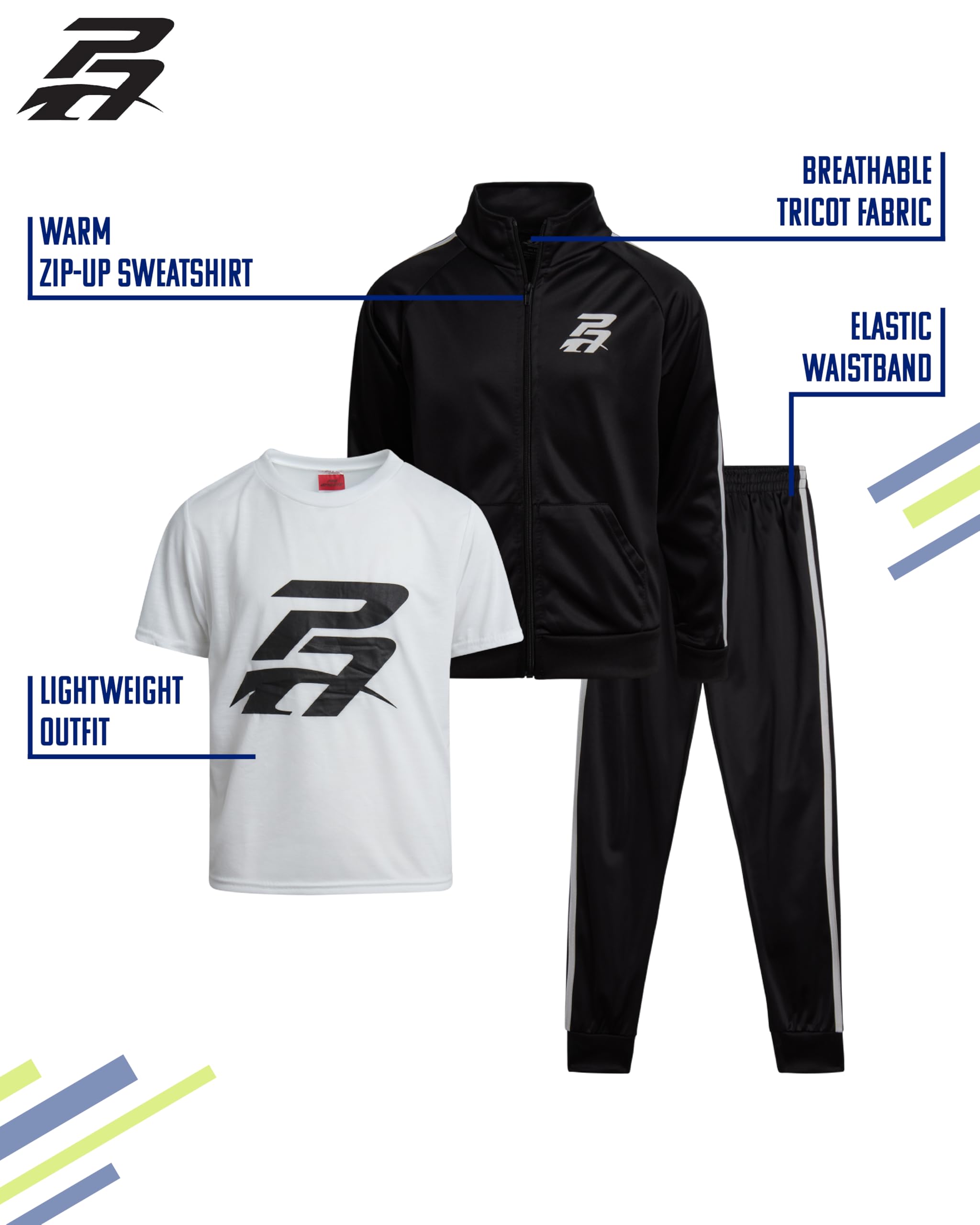 Pro Athlete Conjunto de chándal para niños, 3 piezas, sudadera de punto con cremallera, camiseta gráfica atlética y pantalones deportivos para niños