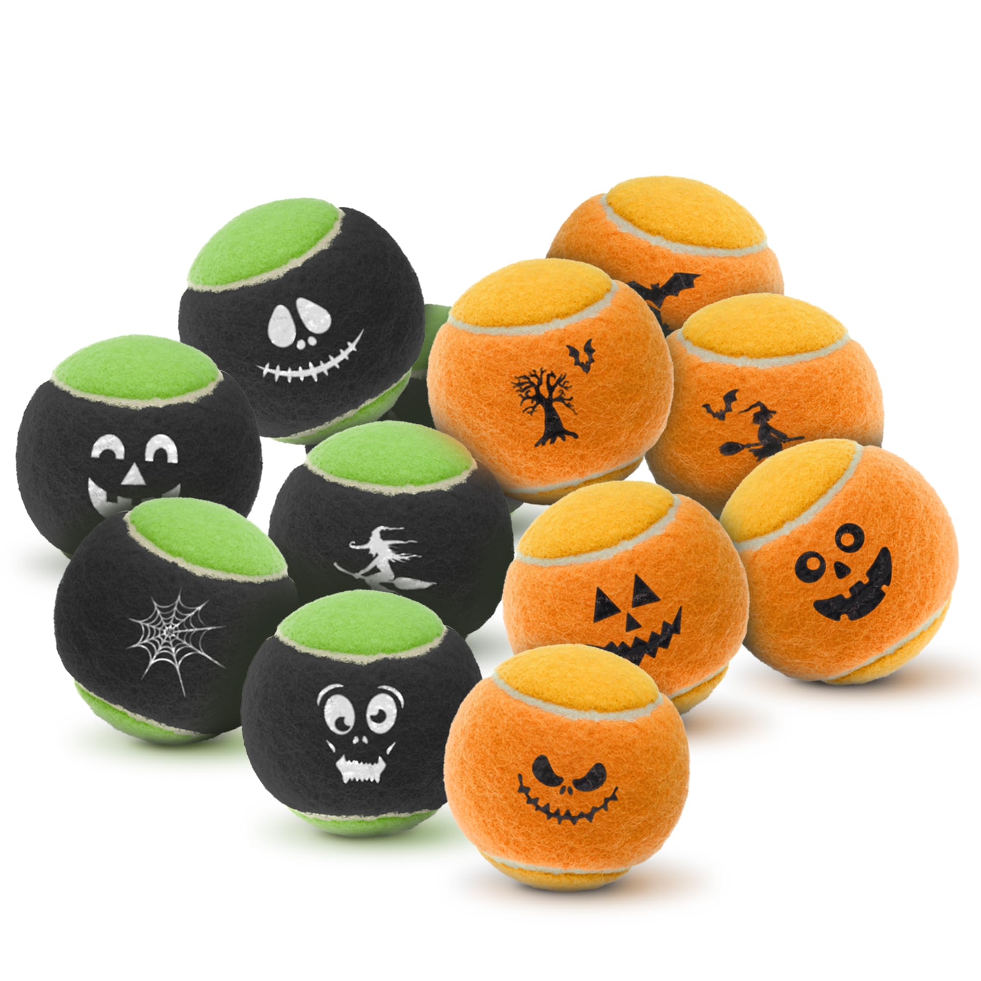 SPORTSPET Spooky SQUEAK! Balles de tennis pour chiens | Lot de 12 avec sac en maille | Balles couinantes pour chien | Balles pour chien non abrasives et sans pression | 64 mm | Jouets d'Halloween