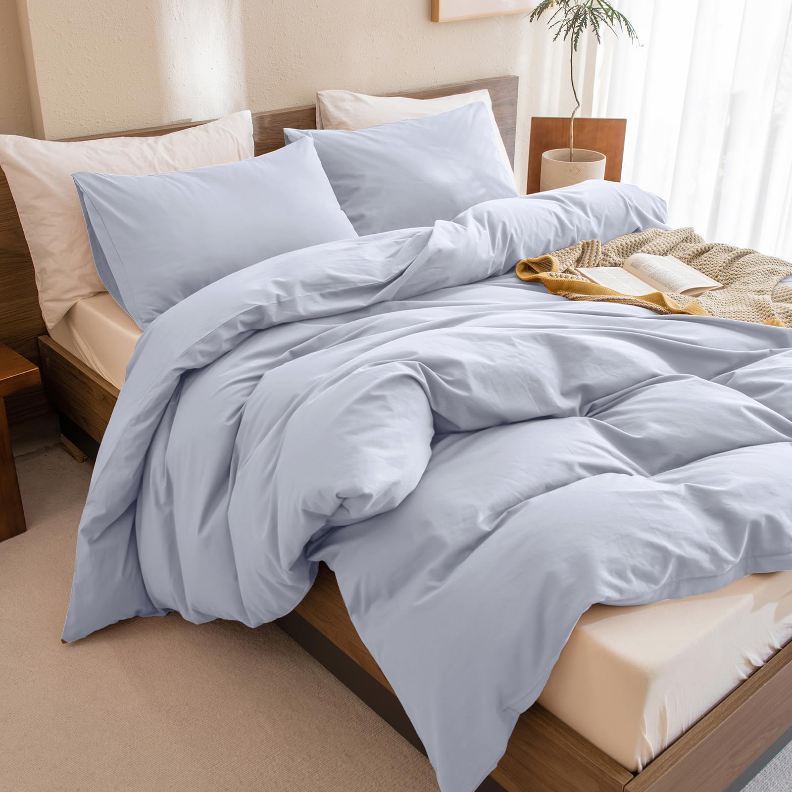 Photo 1 of CozyTide King Size Comforter Set,Cotton Light Blue Bedding Comforter Set,3 Pieces (1 Solid Comforter and 2 Pillowcases) Soft Lightweight King Size Bedding Set for All Season