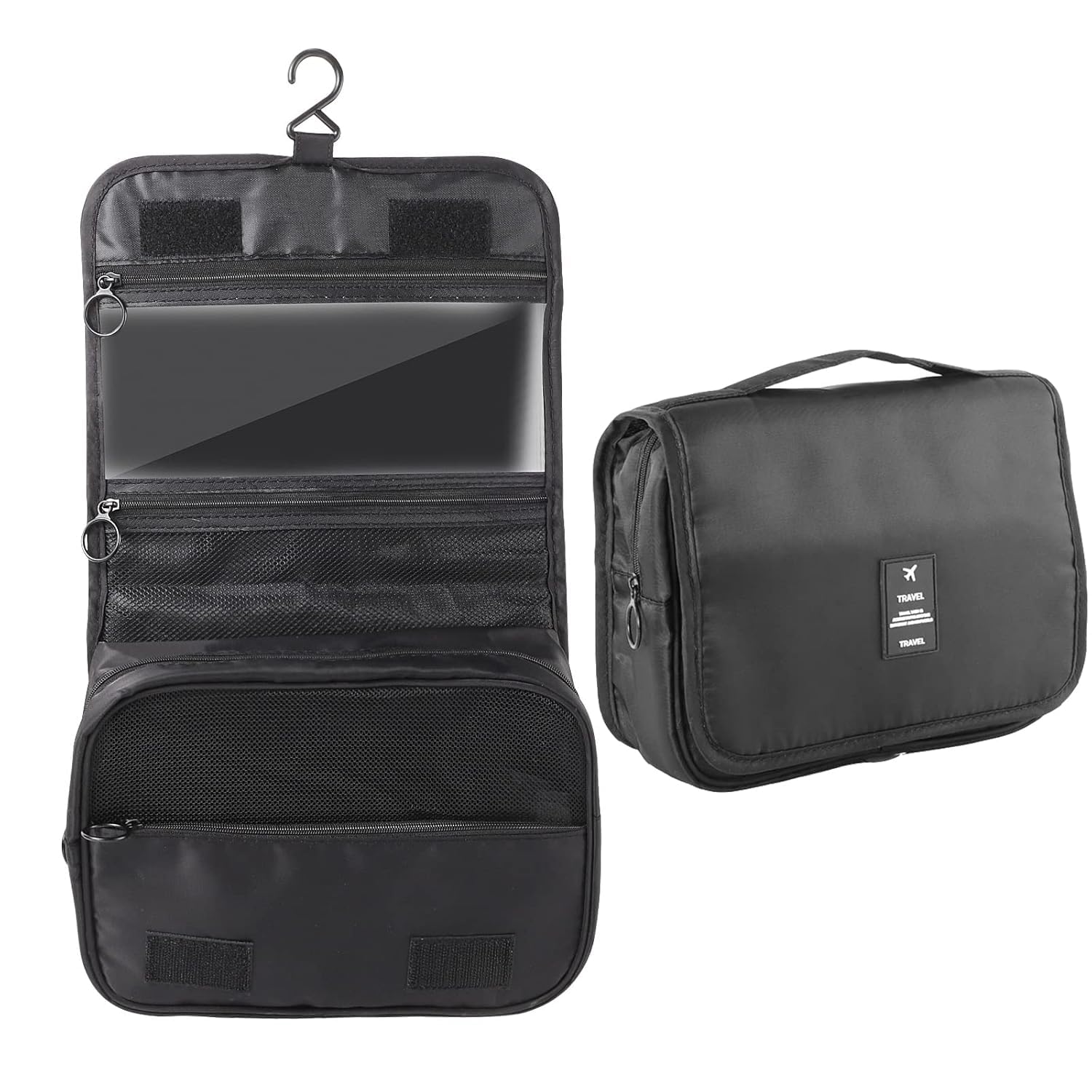Travel Toiletry Kit Hanging Travel Organizer Bag with Hook and Zip Compartments, Foldable Rectangular Fabric Storage with Carry Handle (Black)-image-25