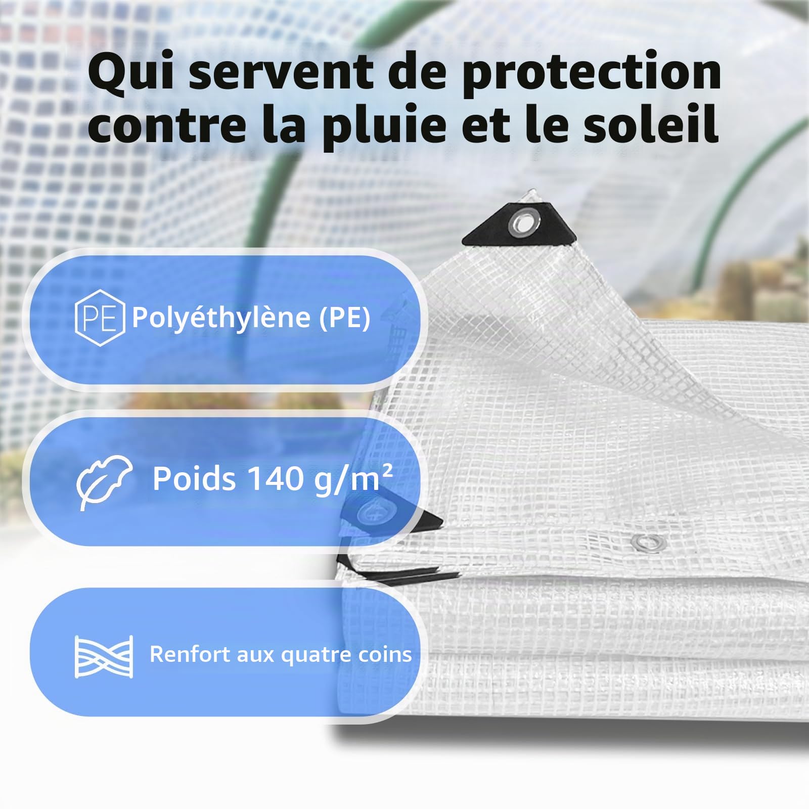 Bâche imperméable 2 x 4 m, résistante à l'hiver, 140 g/m², transparente avec œillets pour plantes, meubles, bateau, camion, bois de chauffage
