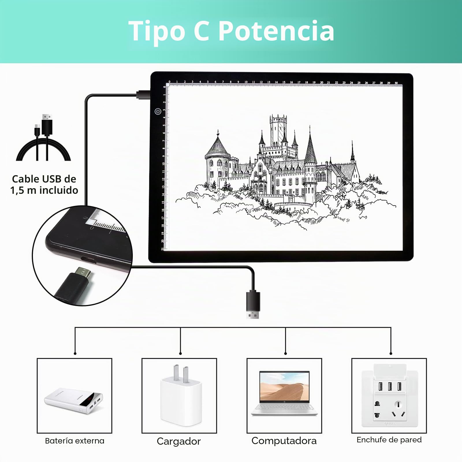 Mesa de luz A4 para dibujo, Mesa de luz de trazado de brillo ajustable de 3 niveles, cable de alimentación USB tipo C Tablero de luz de pintura de diamante LED para vinilo de desherbado