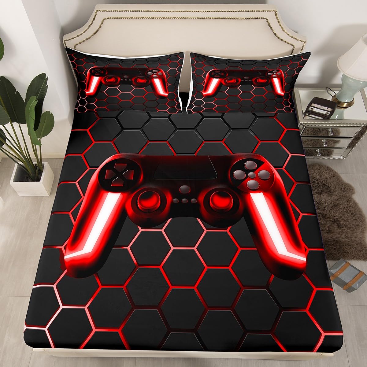 Gaming-Bettwäsche-Set Für Jugendliche – Mit Neon-Gamepad-Print, Spannbetttuch & Kissenbezügen
