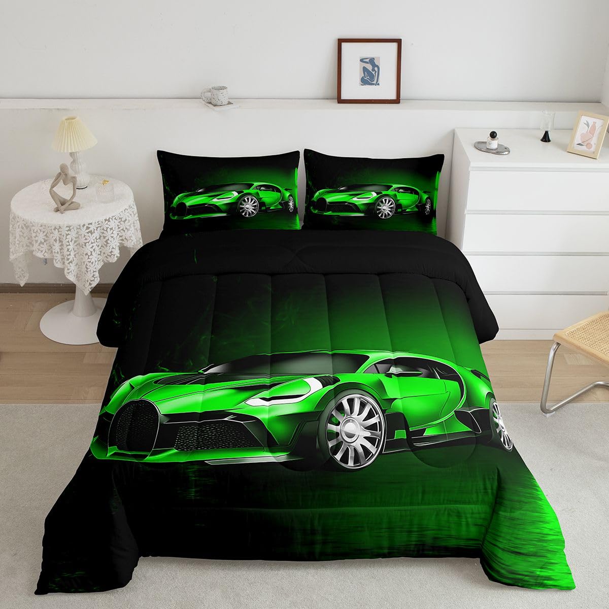 Feelyou Sports Car Comforter Green Race Car Comforter Set for Kids Boys Girls Extreme Sports Theme Bedding Set Cool Speed Luxury Car Decor Quilt Set