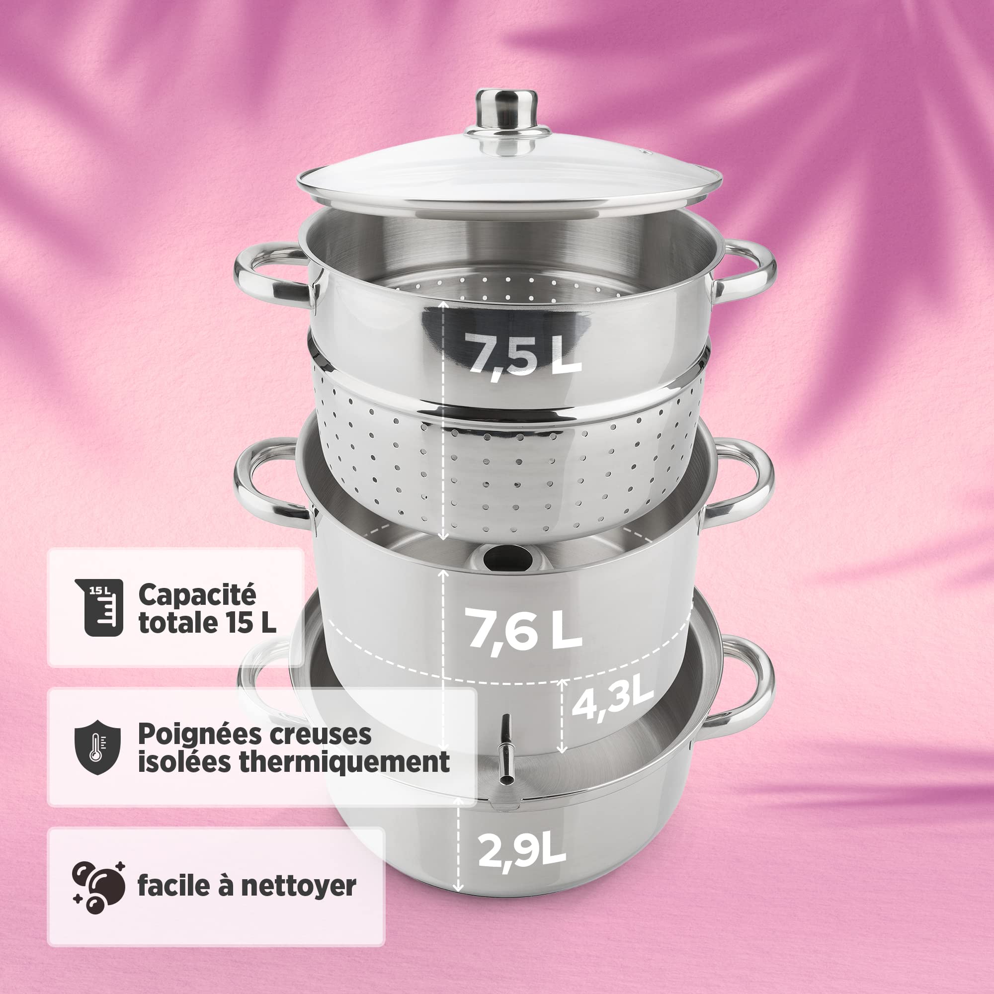AREBOS Extracteur de jus à vapeur 15 L | Acier inoxydable | Convient à tous les types de cuisinières, y compris à induction| Ø 26cm | Passe au lave-vaisselle | Extracteur de jus à vapeur à induction