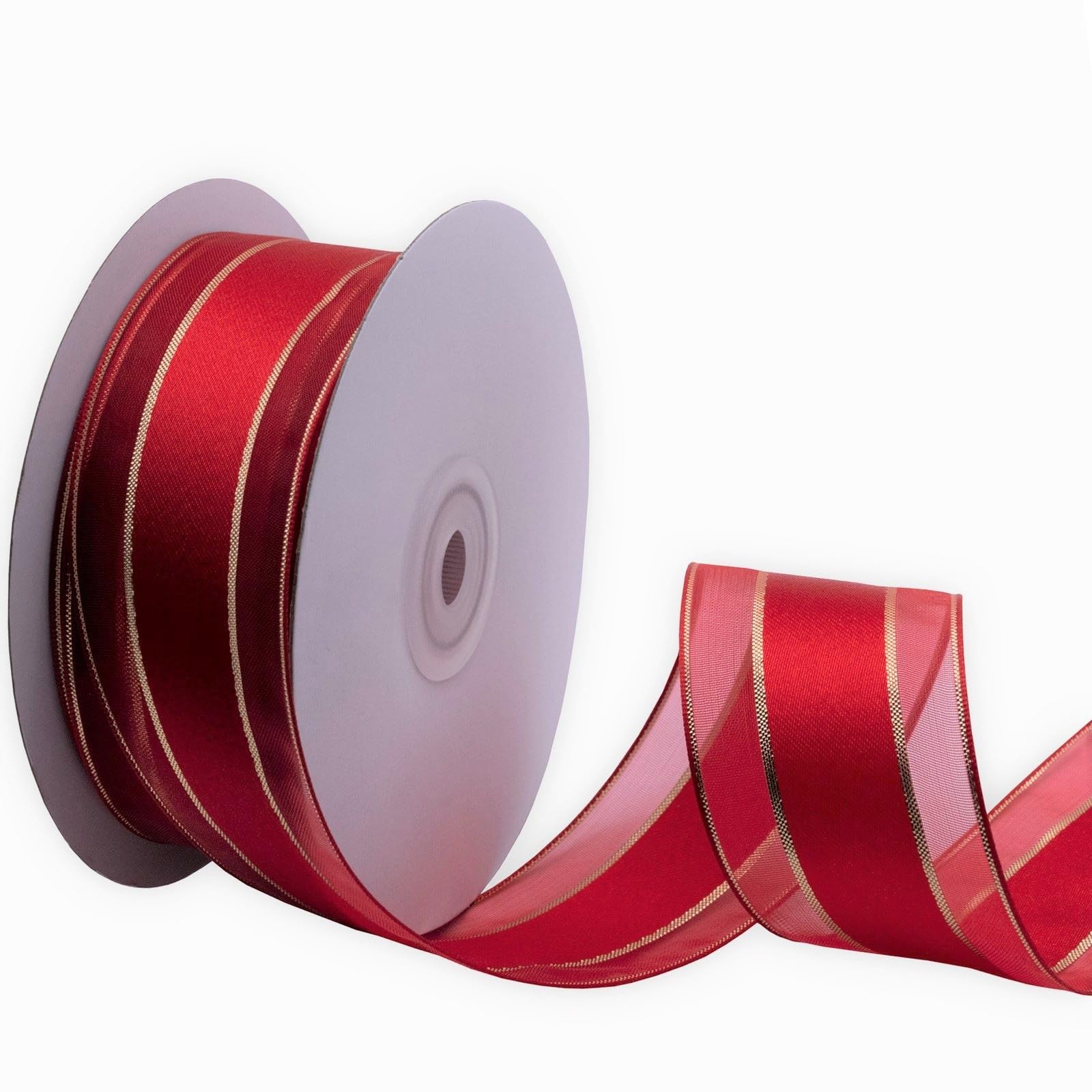XMRIBBON Red Wired Organza Edge Satin Ribbon with Golden Metallic, 1-1/2 Inch X 25 Yards, for Floral Decor,Table Arrangements, Apparel Embellishment — image 1