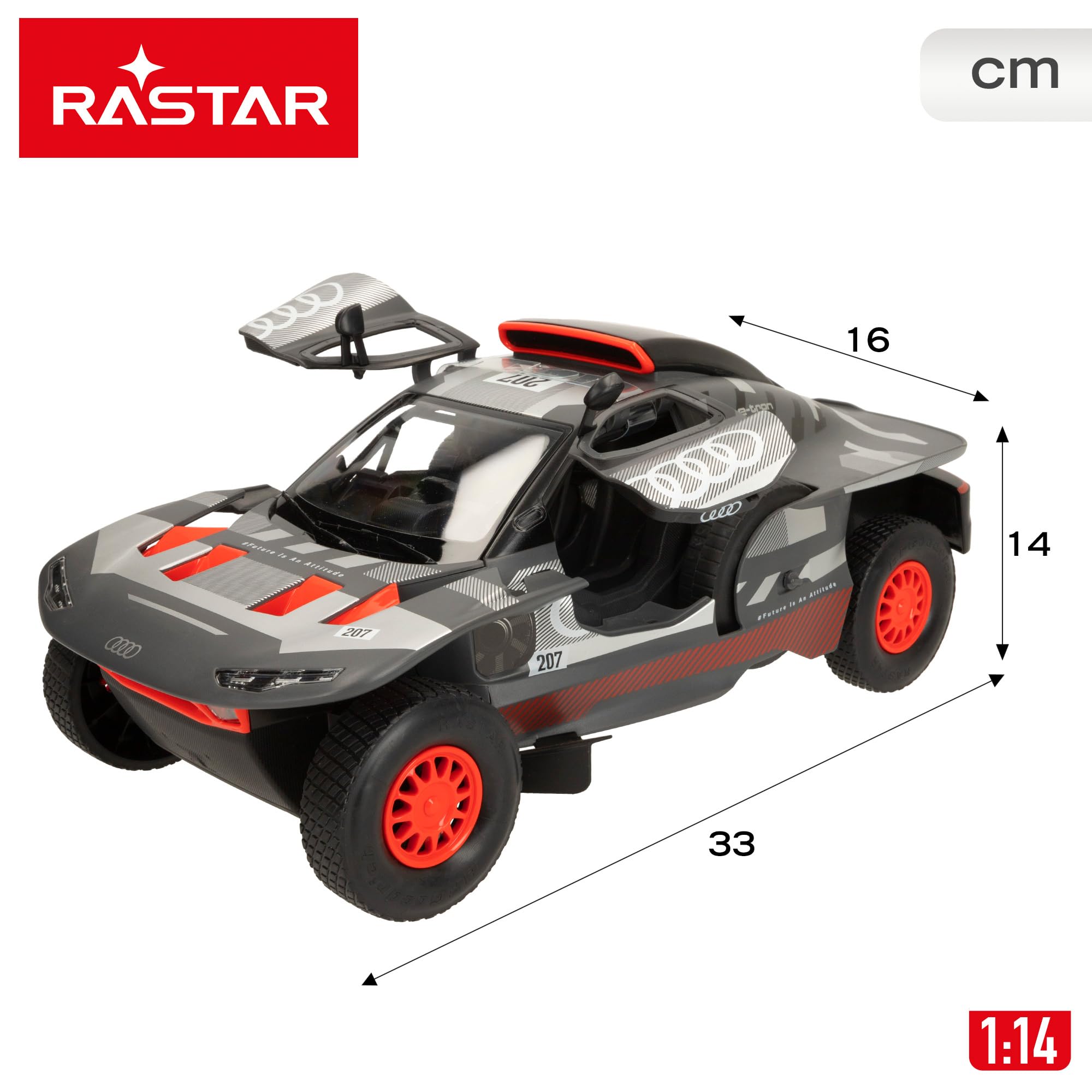 ColorBaby RASTAR Samochód zdalnie sterowany wyścig Audi RS Q e-Tron E2, Zwycięzca Rajd Dakar 2024 Carlos Sainz, Skala 1:14, Częstotliwość 2.4GHz, 6 kierunków, Wbudowane, Zdalne sterowanie samochodami