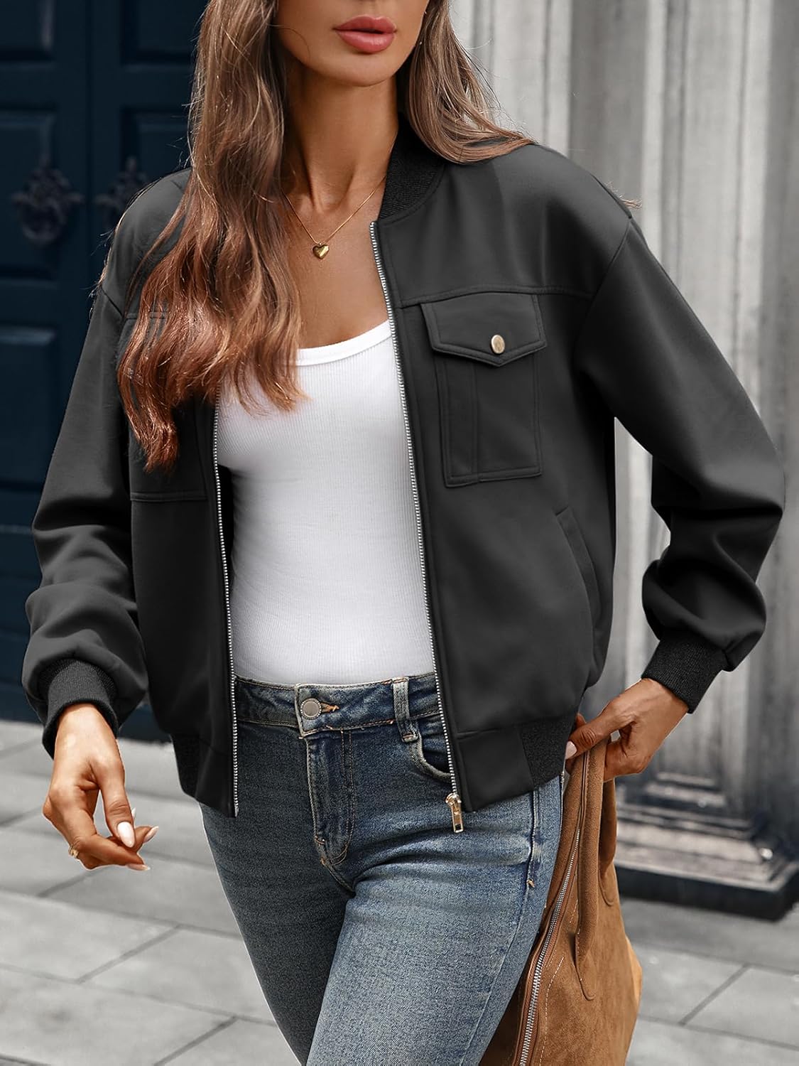 Women's Zip up Bomber Jacket Cropped Oversize Long Sleeve Drop Shoulder Casual Jackets with 4 Pockets - Image 3