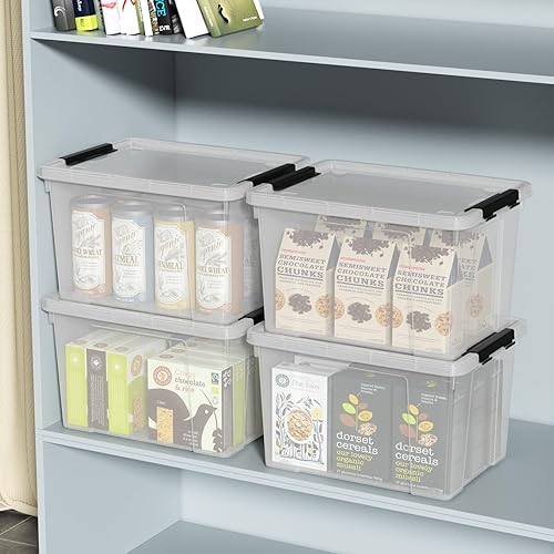 Miniatura 6 de Juego de 4 contenedores de almacenamiento de plástico con ruedas, 23 L con pestillo transparente con tapas apilables