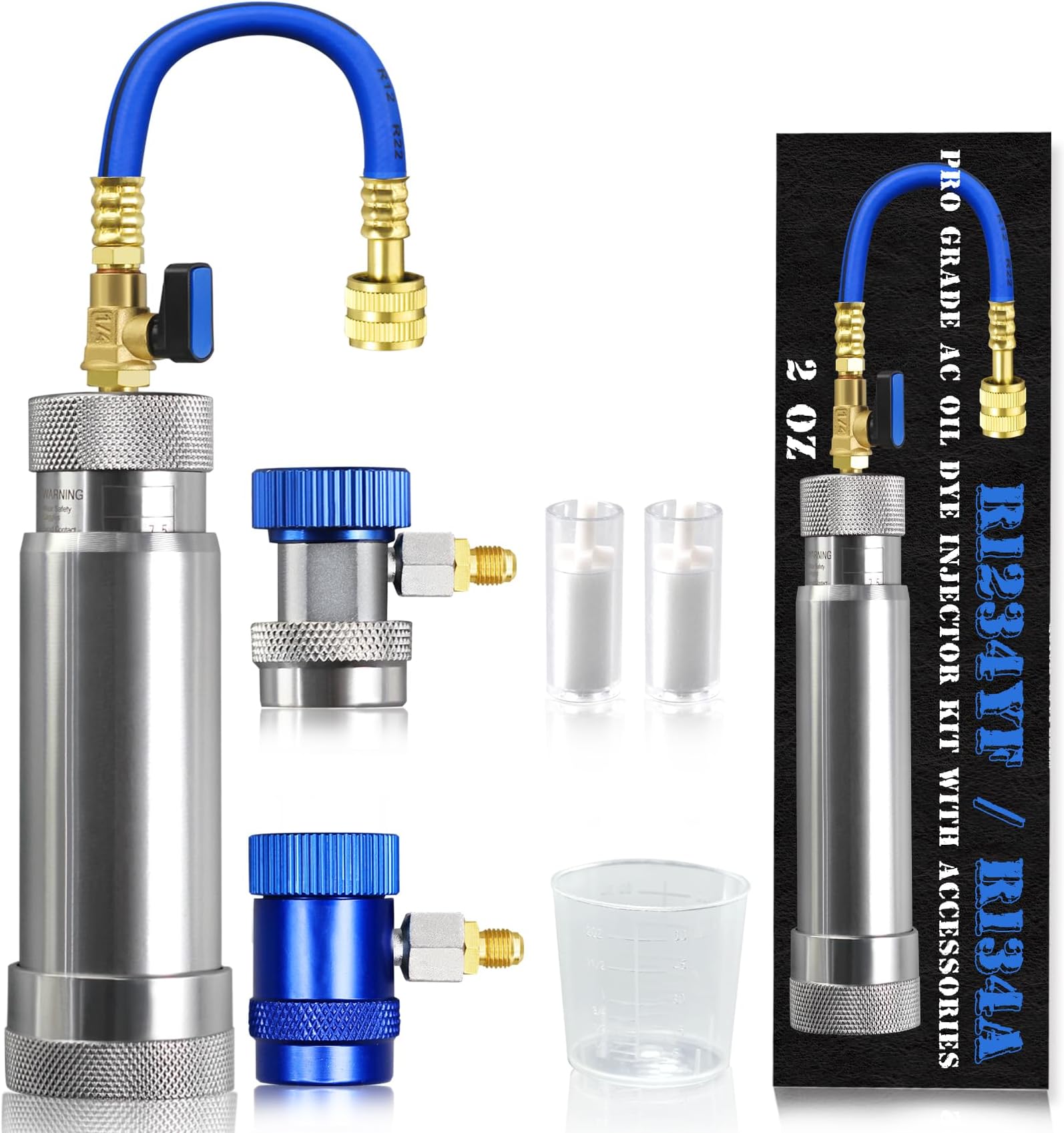 R1234YF & R134A AC Oil Dye Injector Kit with 2 Snap Quick Couplers 2 Oil Checkers 2oz Measuring Cup