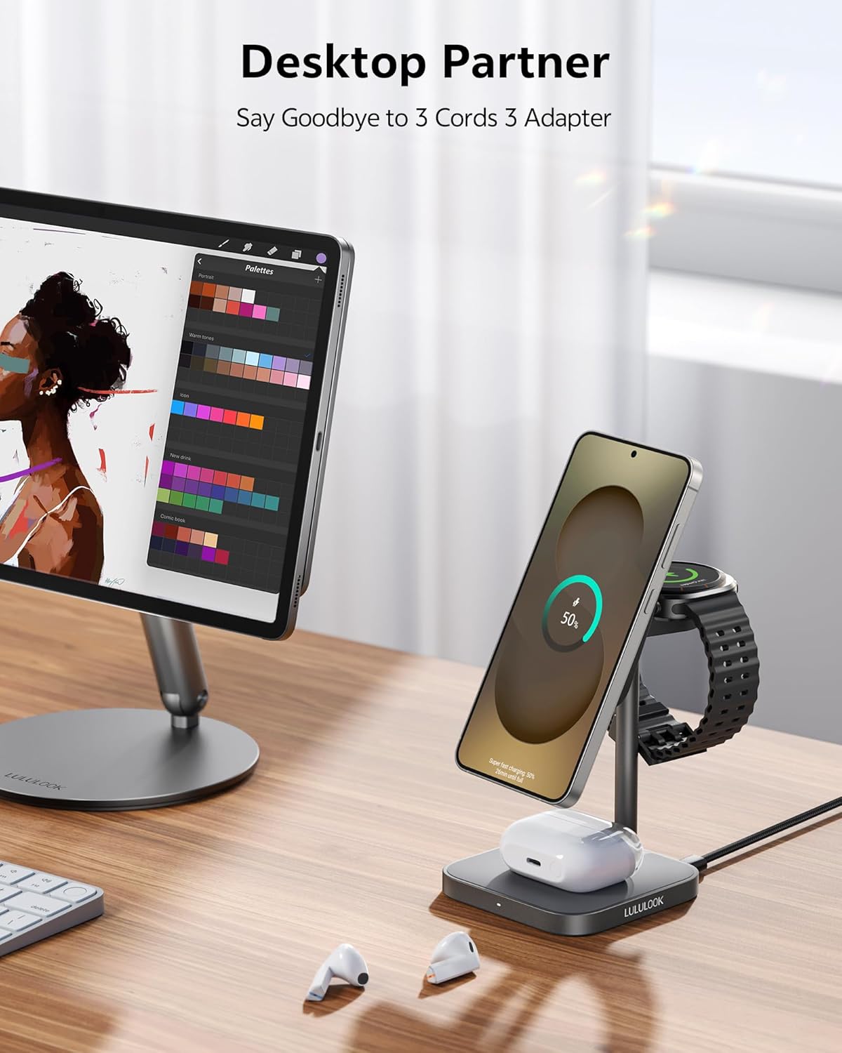 Magnetic 3 in 1 Wireless Charging Station for Samsung Phone and Watch and Buds, Magnetic Charger Stand Compatible with Samsung Galaxy S25/S24/Z Flip/Fold, for Galaxy Watch 7/Ultra/FE/6/5/Buds (Gray)