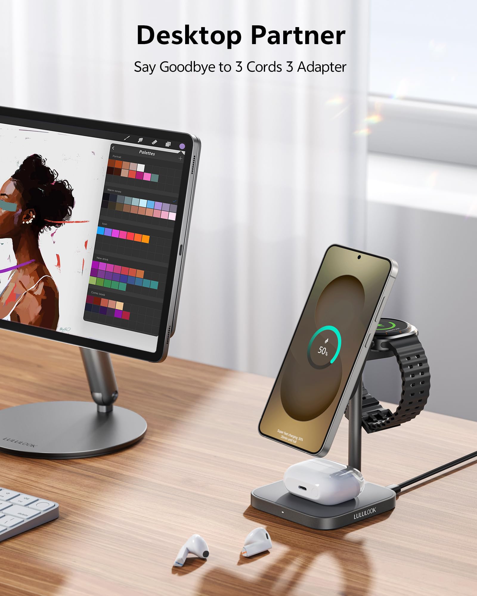 LULULOOK Estación de Carga para Samsung,3 en 1 Cargador rápida de 15W Inalámbrico de Aluminio para Galaxy S25 Ultra S24,S23 S22,Note,Z Fold 7,Flip,Cargador de 5W para Galaxy Watch Ultra/7/6/5/4/Buds