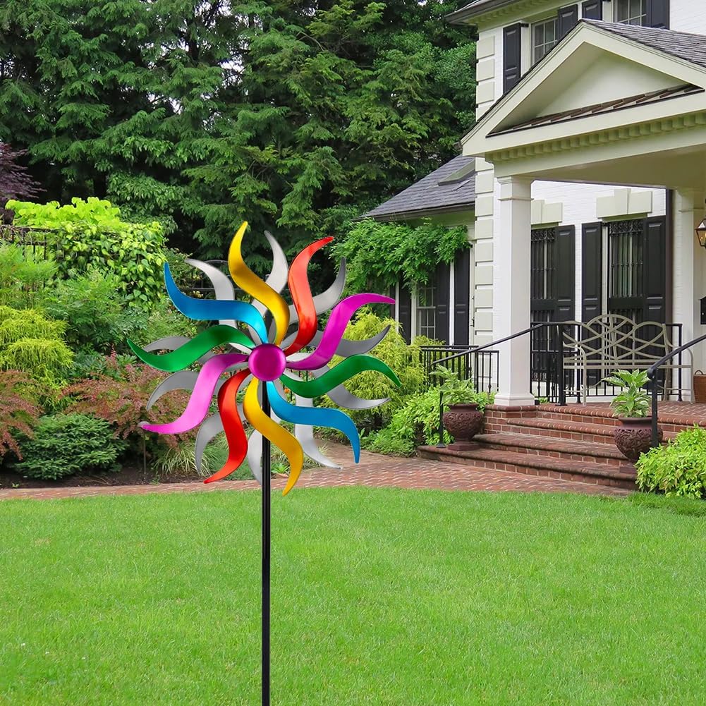 Wind Spinners Outdoor, Colorful Metal Wind Sculptures & Spinners, 15" Dia x 58" H Large Kinetic Windmills for Garden Yard Decor