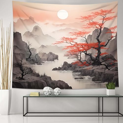 Miniatura 2 de QGHOT Tapiz japonés de paisaje, tapiz asiático para colgar en la pared, naturaleza china, puesta de sol, tapiz de pared escénico para dormitorio,