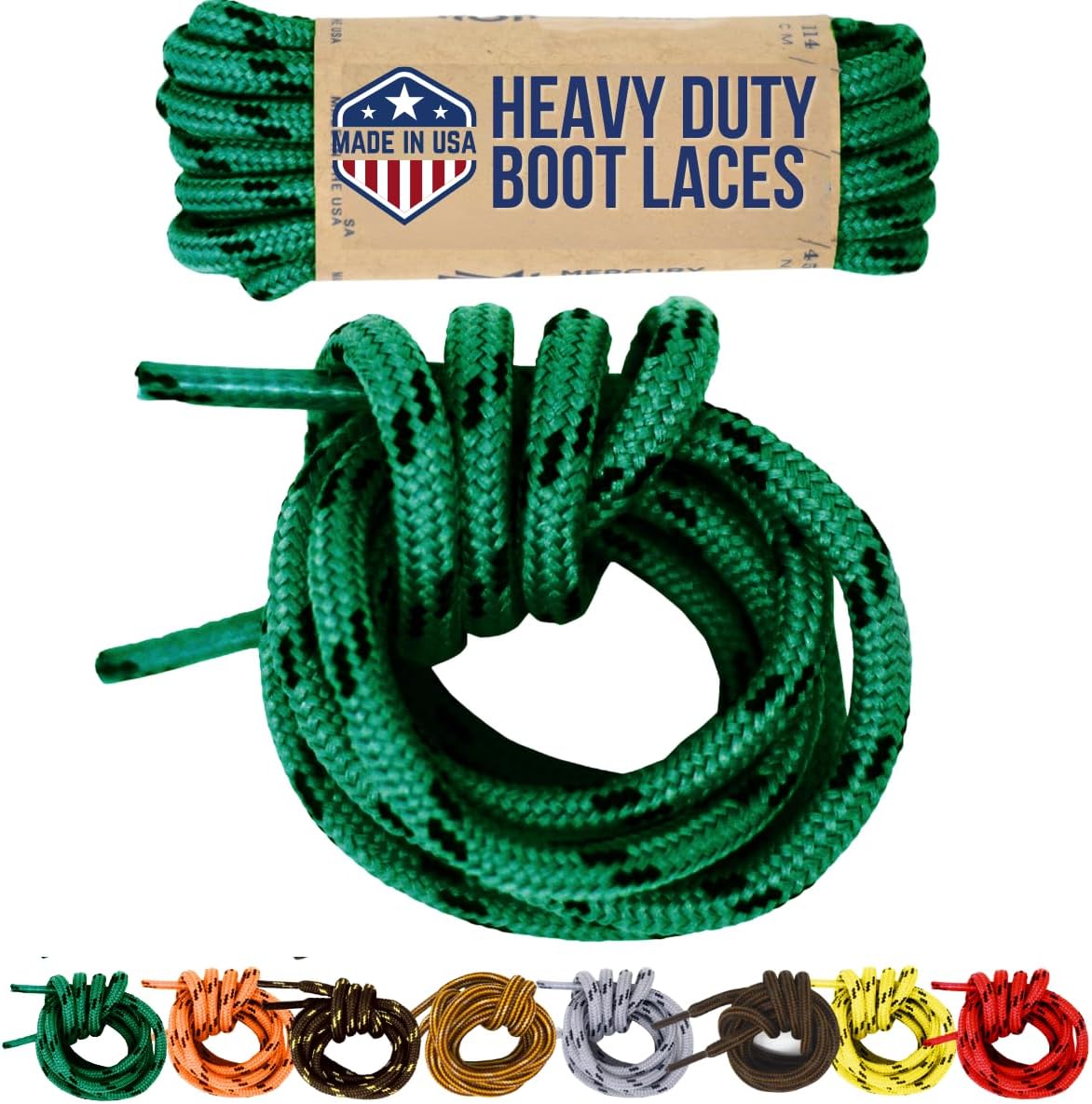 Mercury + Maia Honey Badger Boot Laces, USA Made Indestructible Shoelaces, Round Heavy Duty Bootlaces for Work & Hiking, Green and Black, 96 inches (1 pair)