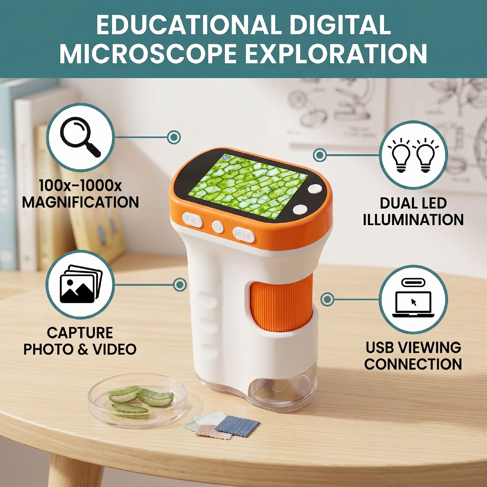 Naroote 2,4in Pantalla 1080P 1000x Microscopio Digital Portátil para Niños | Microscopio de Bolsillo Portátil con Iluminación LED Dual, Diapositivas de Muestras y Alta Definición para Edades 3-12 Años