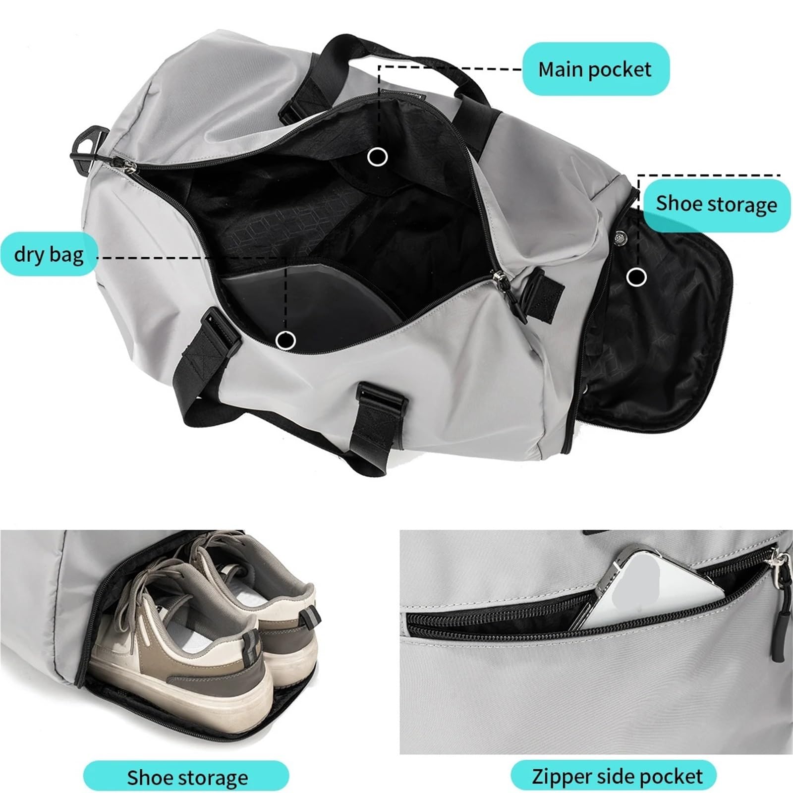 Sporttasche Fitness Bag, Men's and Women's Dry Wet Separation Sports Backpack, Short Distance Travel Lightweight Luggage Bag, Travel Bag, La(Grey)