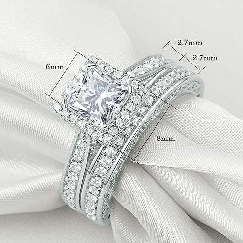Miniatura 7 de Newshe Jewellery Anillos de Compromiso de Circonia Cúbica, Juego de Anillos de Boda para Mujer, Plata de Ley 925, Corte Princesa Blanca, Conjuntos