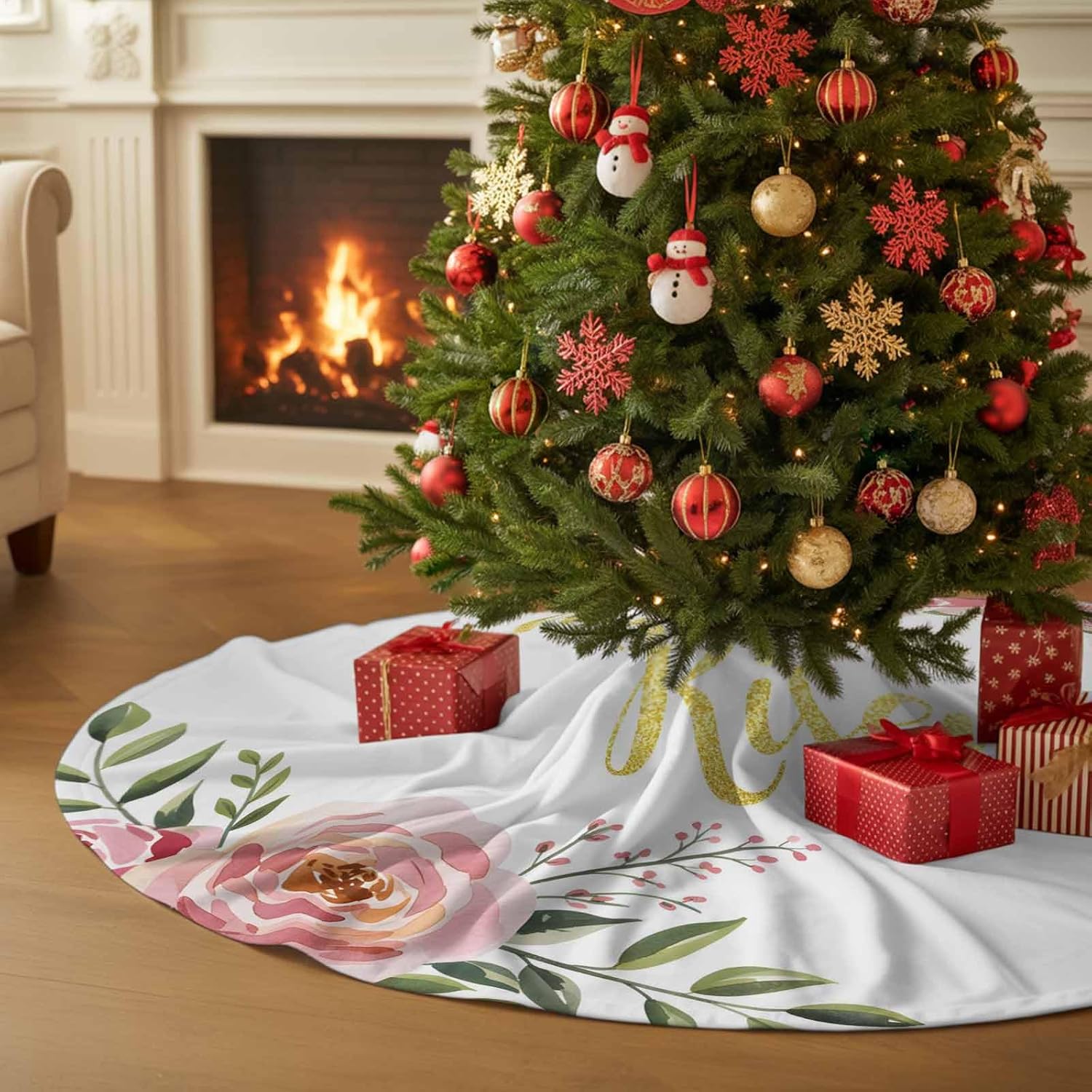Christmas Tree Skirt 48 Inches Large Christmas Skirt Tree, Easter Floral Spring Tree Skirt Christmas Decorations for Fireplace Party Holidays Indoor Outdoor Golden He is Risen Blooming Flower