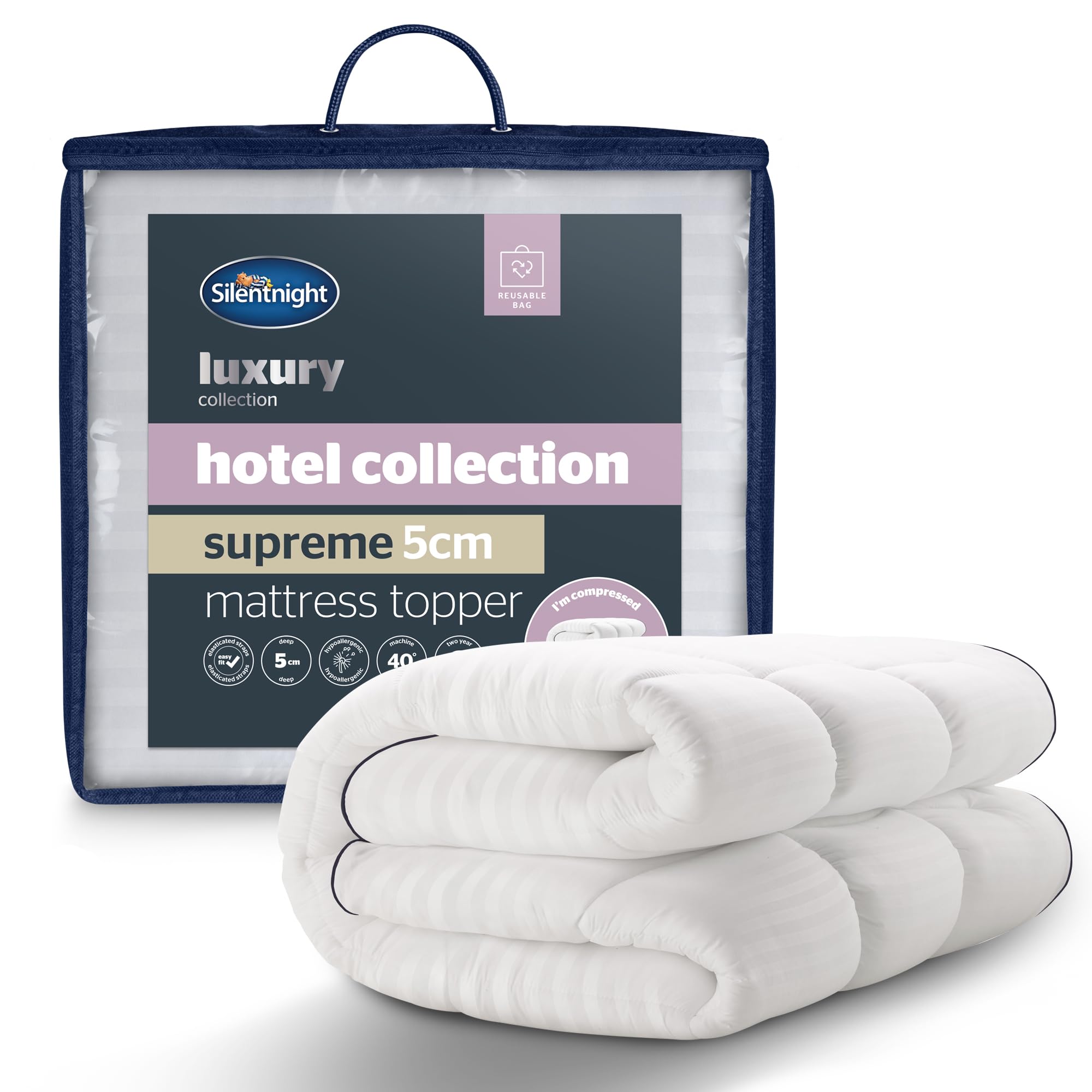 Silentnight Hotel Collection Mattress Topper - 5cm Thick Deep for Luxury Comfort - Filled with Finest Fibres to Rejuvenate Your Bed - Soft Touch Quilted Embossed Cover & Box-Stitched Edge - Single