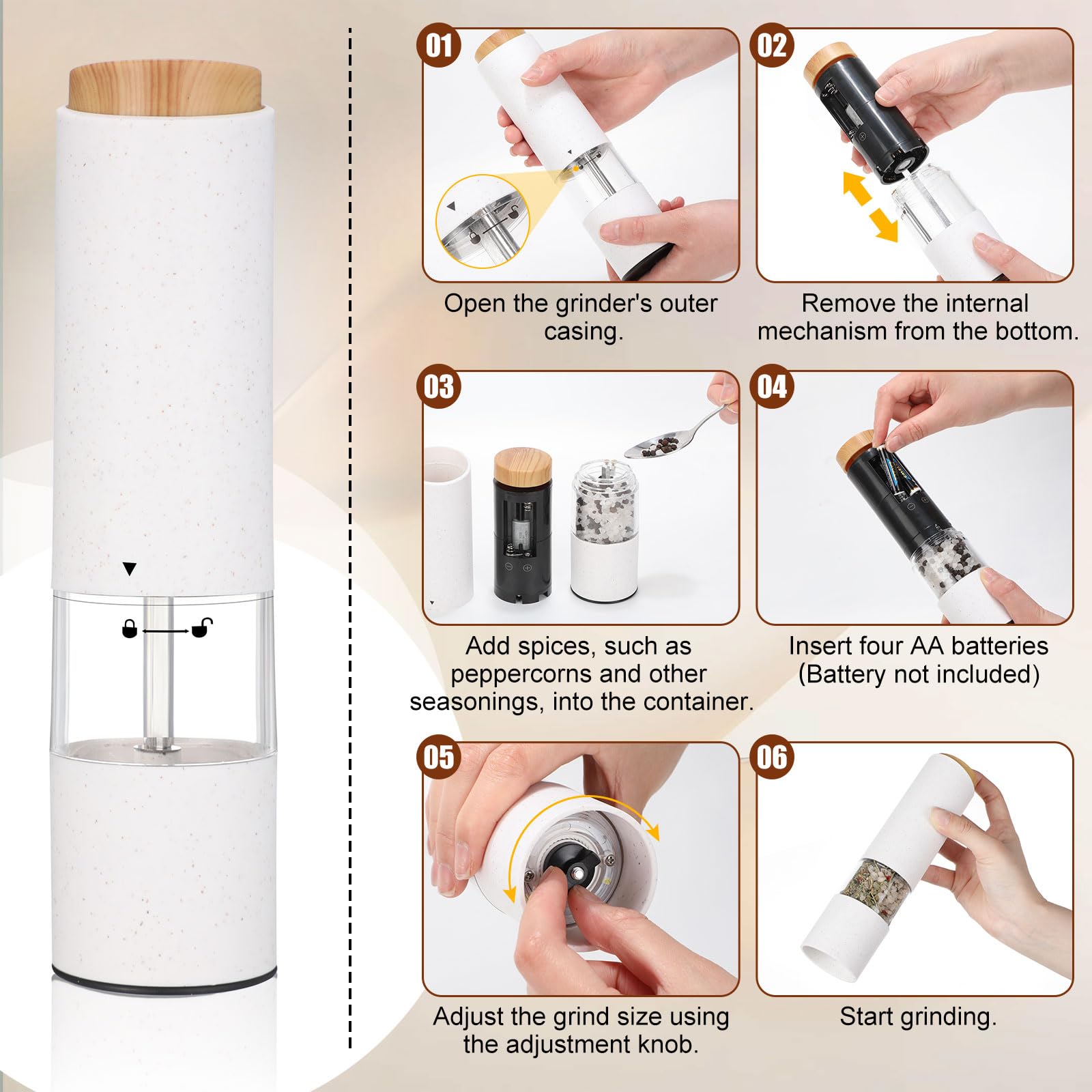 Threlaco Il set di macina sale e pepe elettrico include 2 confezioni di macinapepe a batteria con grossolanità regolabile, 1 base portatile a prova di fuoriuscite, smerigliatrice leggera per cucina e