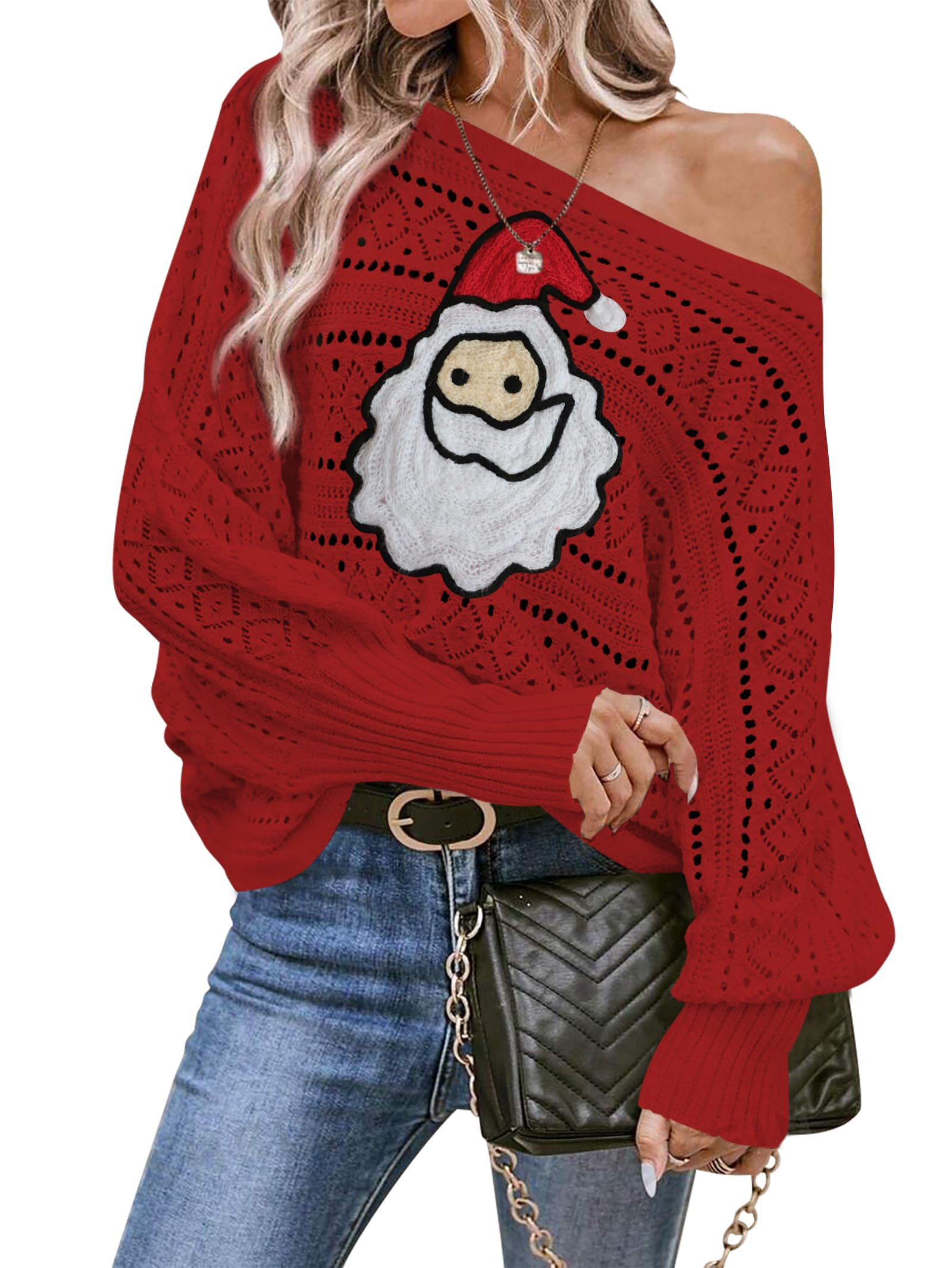 Cakulo Womens Off Shoulder Ugly Christmas Sweater Top Fall Outfits Fashion 2026 Oversized Knit Long Sleeve Crochet Sweaters