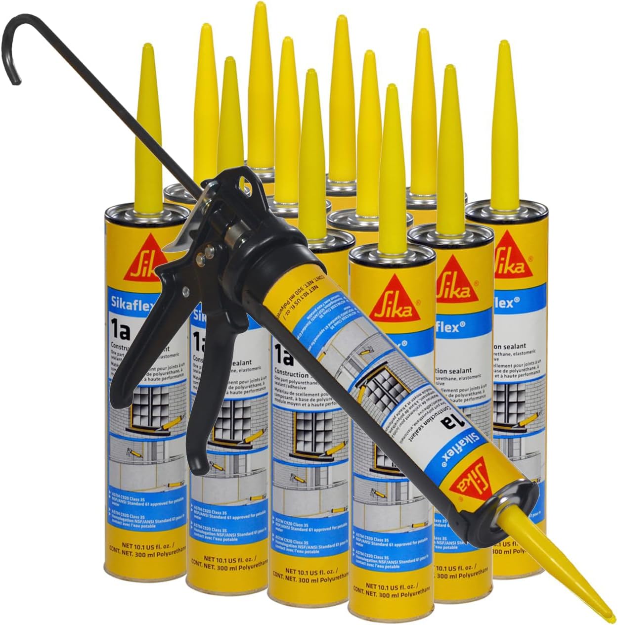 Sikaflex 1a Kit - One Component, Flexible, Non Sag, Polyurethane Concrete and Masonry Sealant for Vertical and Horizontal Surfaces, AWF PRO Caulk Gun, Sikaflex 1a 10 oz (Aluminum Gray, Pack of 12)