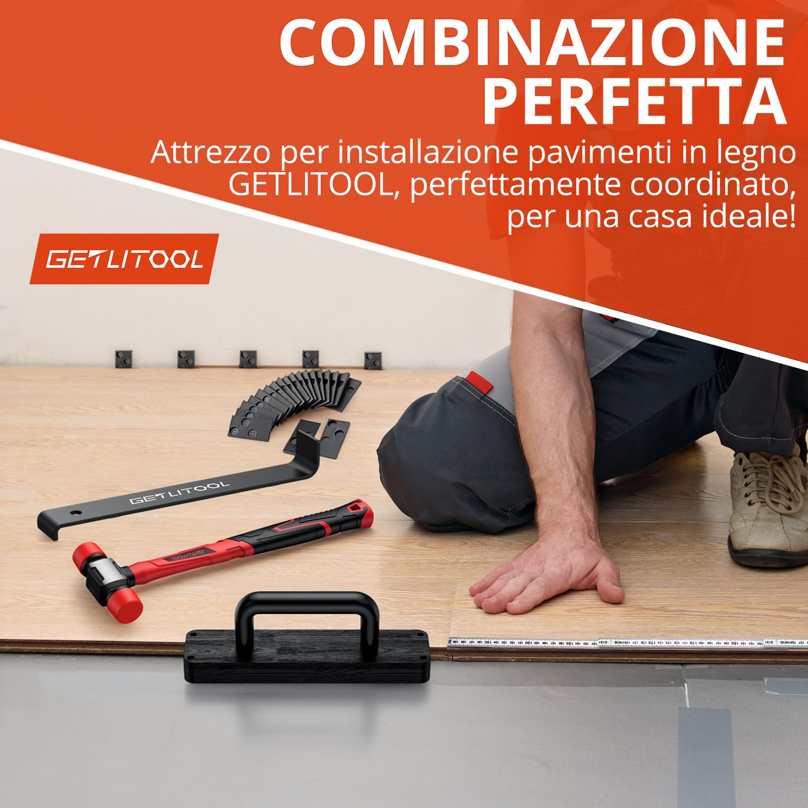 GETLITOOL Kit per Installazione Pavimento Laminato, 60 Distanziatori, Martello in Gomma, Blocco di Battitura con Manico, Barra di Trazione con Feltro, Metro Pieghevole - Strumenti Completi per Parquet