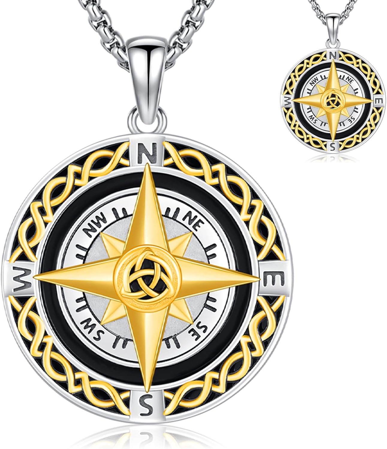 Celtic Knot Compass Pendant Necklace for Women Men, 925 Sterling Silver Charm Compass Necklace Christmas Gifts for Wife Birthday Gifts Graduation Travel Jewelry Gift