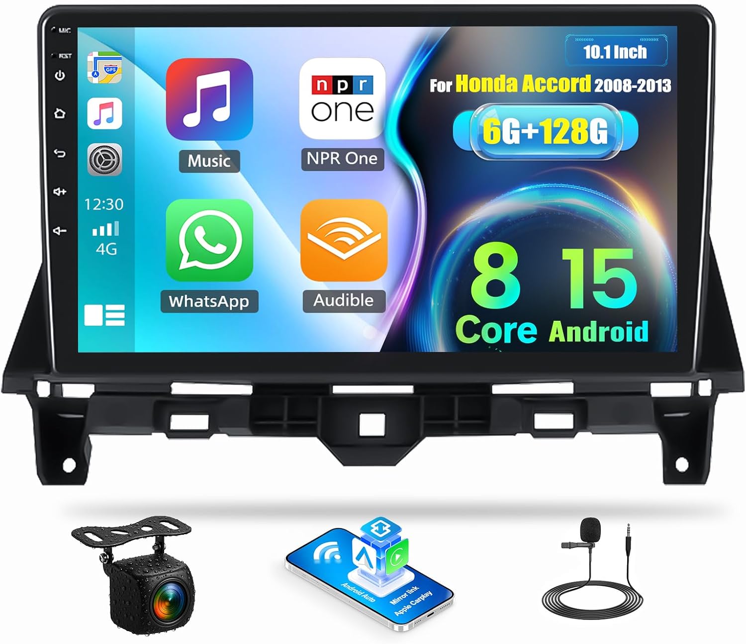 8Core 6G+128G Android Car Radio Stereo for Honda Accord 2008 2009 2010 2011 2012 2013 Upgrade 10.1 Inch Touch Screen with 360° Panoramic View CarPlay Android Auto Mirror Link WiFi Backup Camera