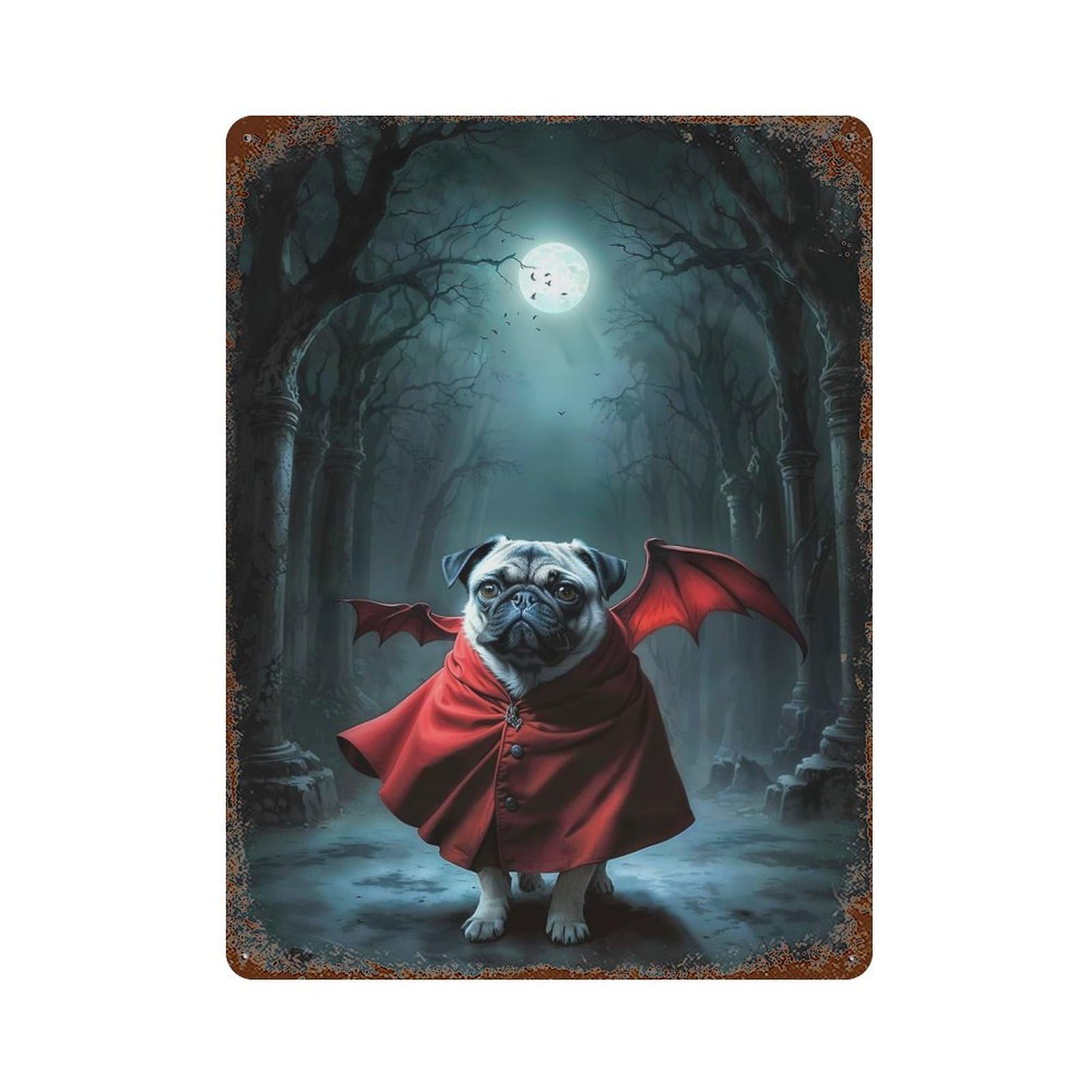 Distressed Metal Wall Sign with Grumpy Pug Vampire Design 15.7"x11.8", for Living Room, Hallway And Home Decor, Vintage Wall Decor