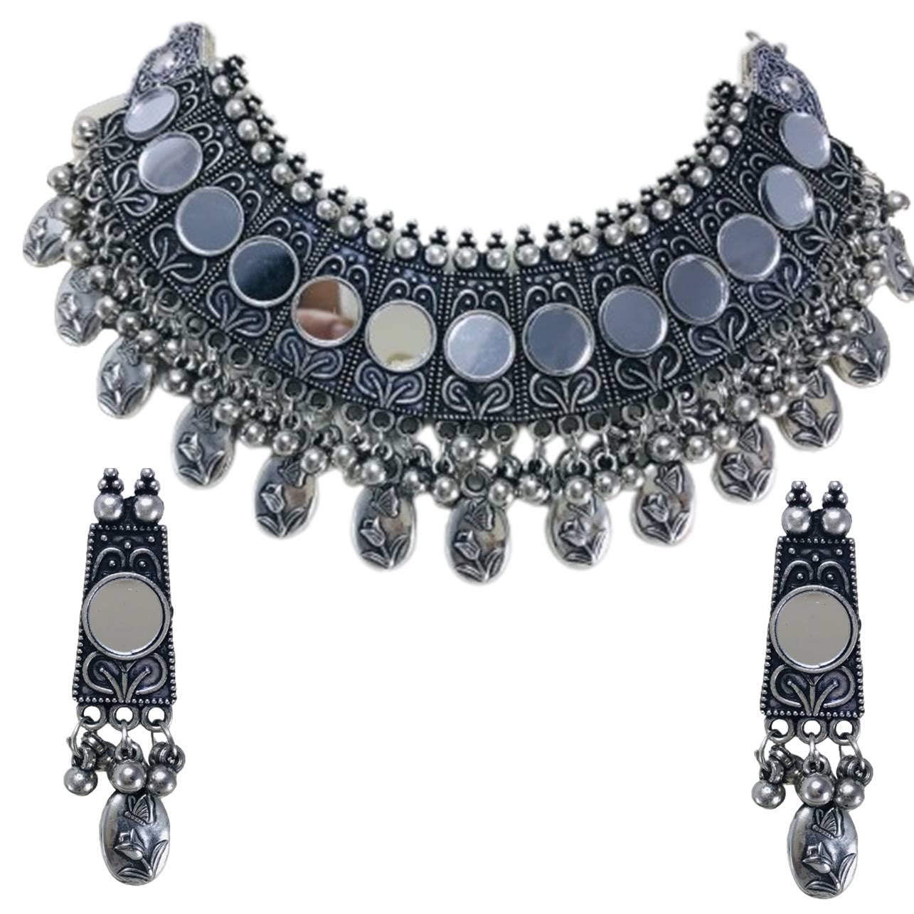 THE OPAL FACTORY Garba Navratri Jewellery Sets for Women German Silver Oxidised Afghani Bohemian Necklace with Earring for Women and Girls (TOF Mirror Oxi Choker Set) (B0CJ574FHW) Amazon Price History, Amazon Price Tracker