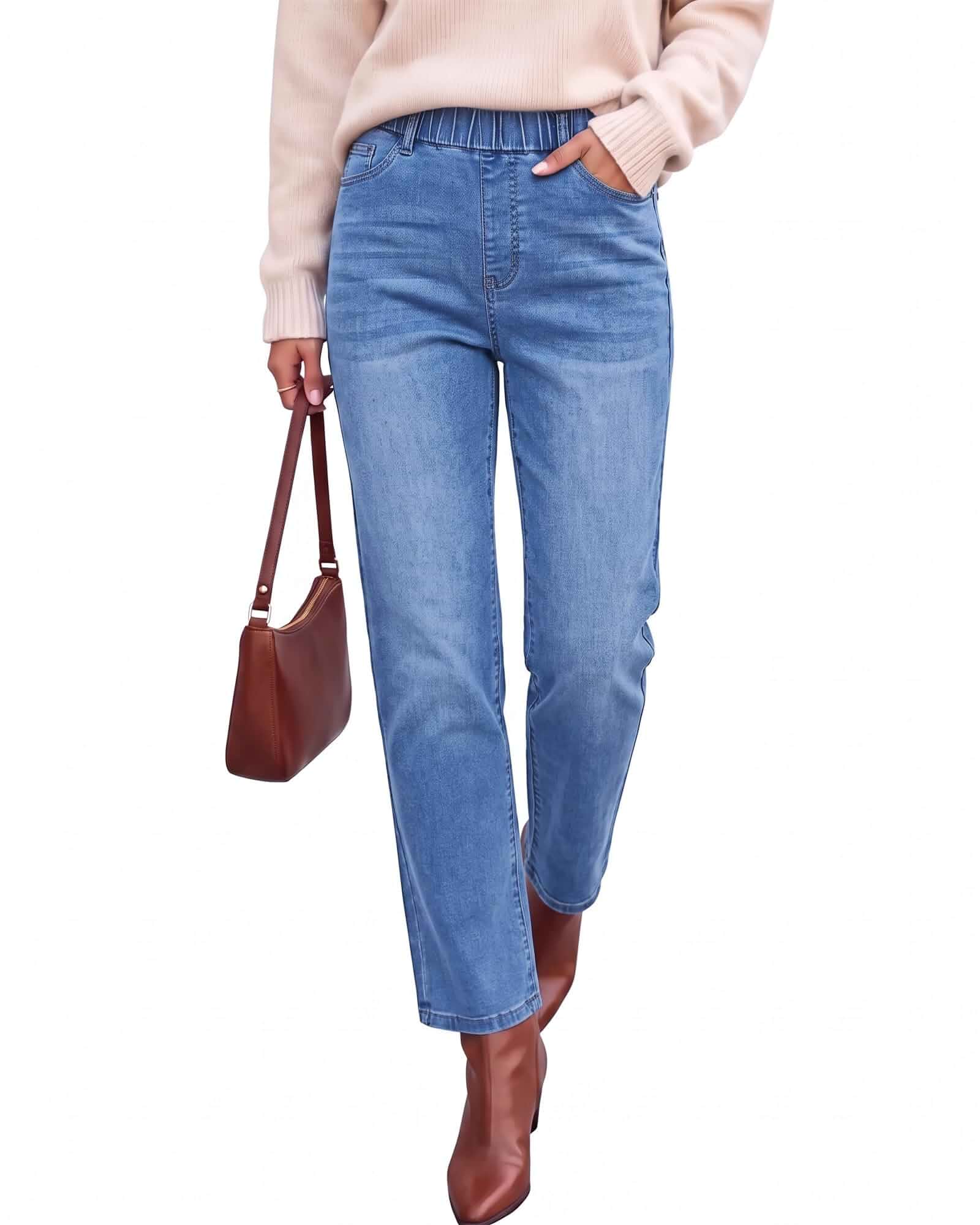 GRAPENT Straight Leg Jeans for Women Trendy Pull On High Waisted Cropped Elastic Waist Stretchy Denim Pants Ankle Jeans Regular