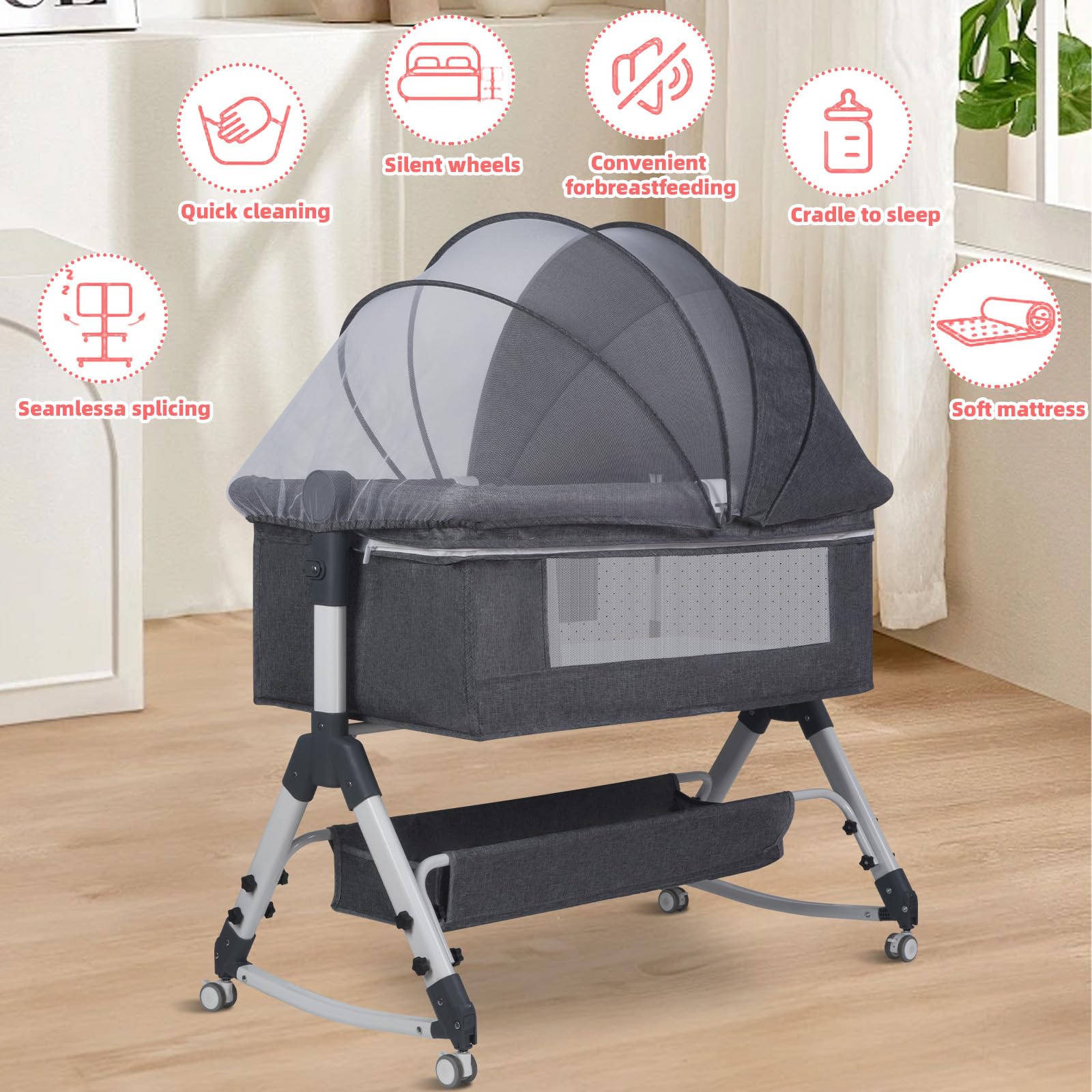 Lit Cododo Bébé Berceau Pliable et Réglable, 0-24Mois, 3 Hauteurs, Matelas Confort, Côtés en Filet, 4 Roues, Facile à Transporter (Gris foncé)