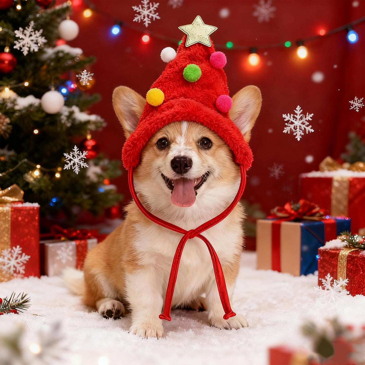 Zephyra Red Christmas Hat for Dogs Cats 4-7.5kg Christmas Hat with Pom Poms for Pets, Adjustable Accessory for Puppies and Kittens, Pet Festive Costume 7