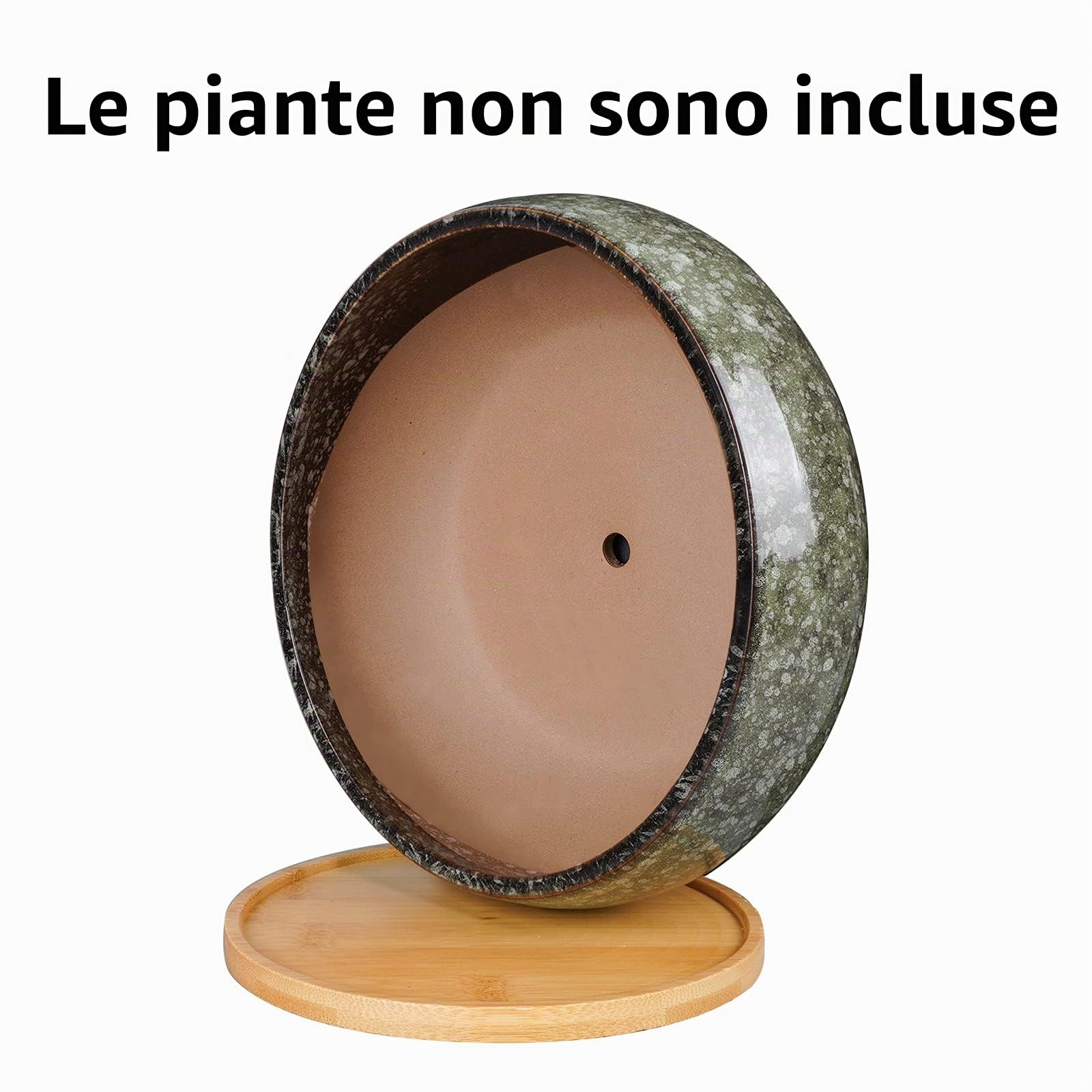 Vaso per bonsai in ceramica, 20 cm, smaltato, poco profondo, con foro di drenaggio e piattino in bambù, per piante da interno, verde