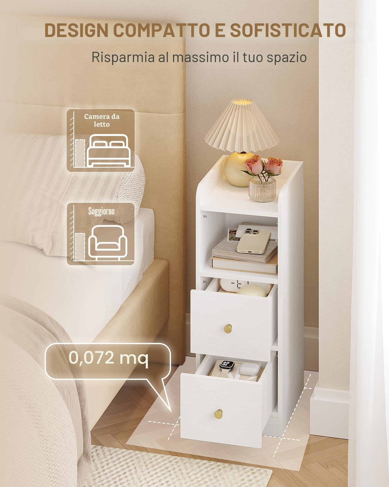 Hzuaneri Comodino Set di 2, Tavolino Stretto con 2 Cassetti, comodino con protezione superiore, per spazi ristretti, per Camera da Letto, Soggiorno, 30 x 24 x 65 cm, Bianco con venature del legno